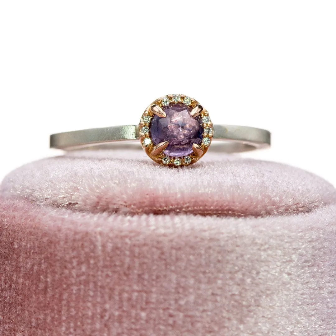 Mixed Metal Purple Rose Cut Sapphire & Diamond Rose Gold Halo Ring, Ready to ship