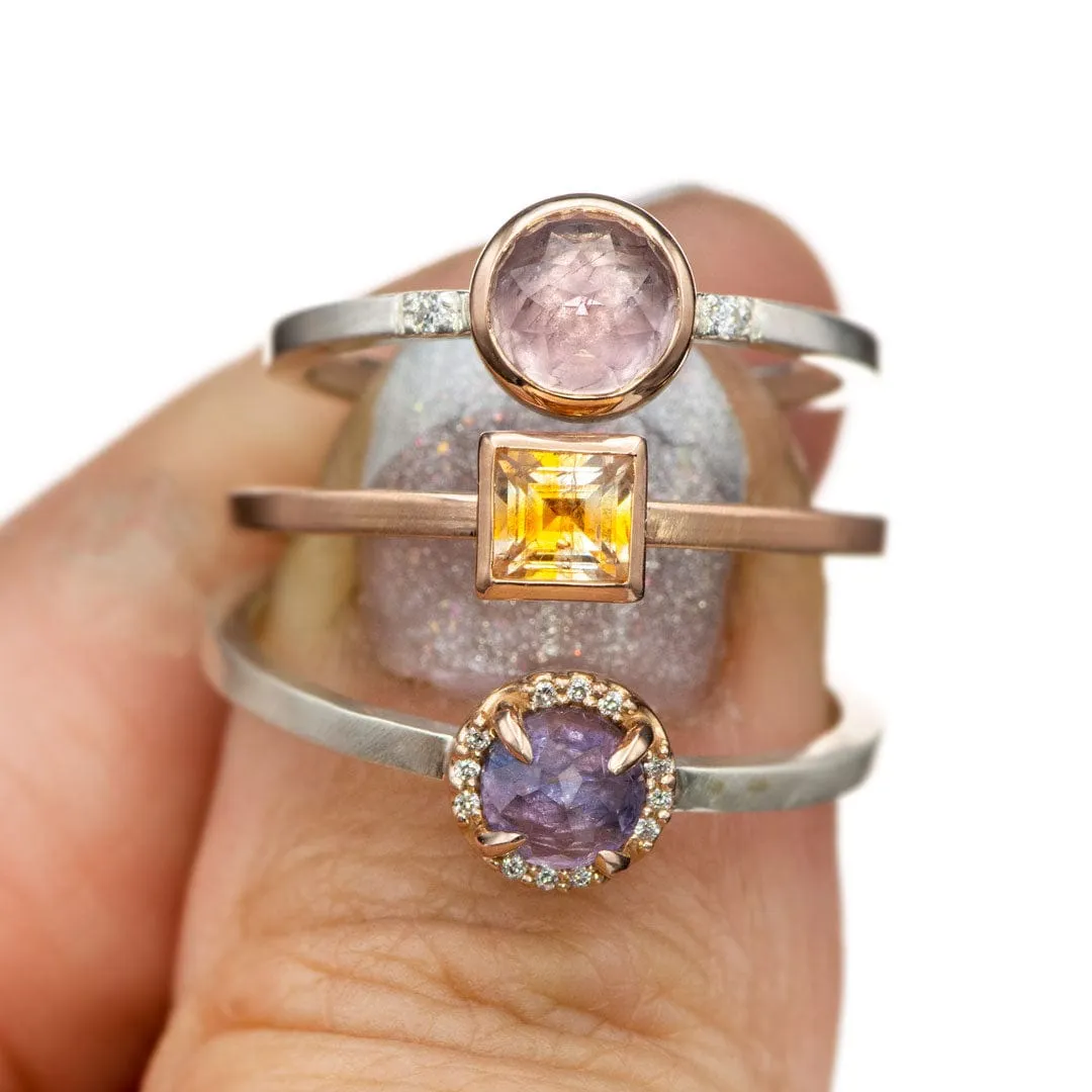 Mixed Metal Purple Rose Cut Sapphire & Diamond Rose Gold Halo Ring, Ready to ship