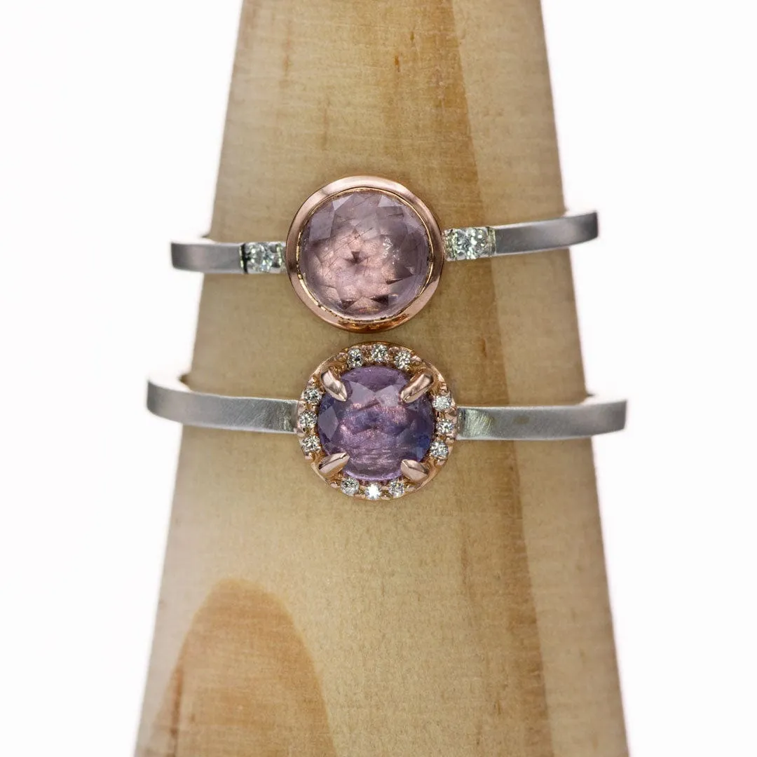 Mixed Metal Purple Rose Cut Sapphire & Diamond Rose Gold Halo Ring, Ready to ship