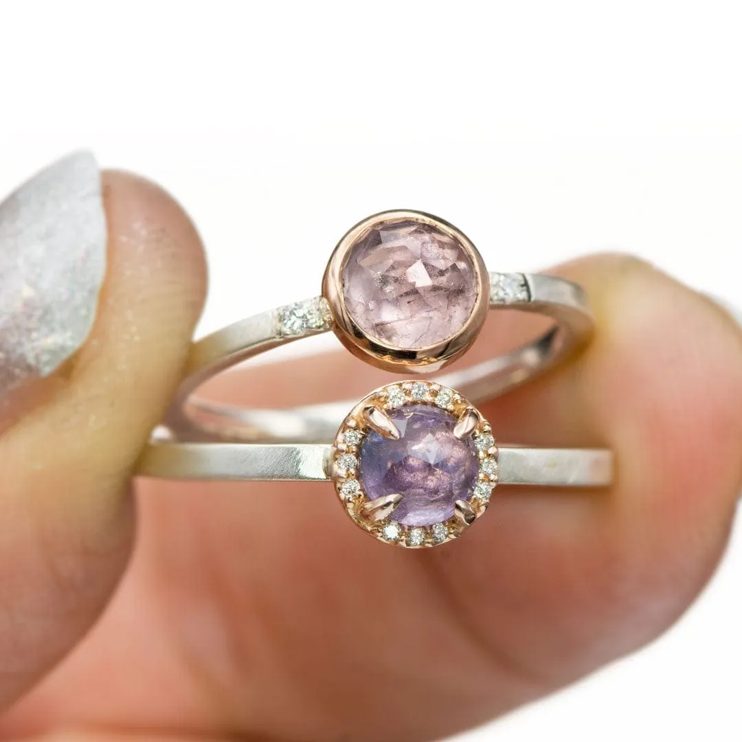 Mixed Metal Purple Rose Cut Sapphire & Diamond Rose Gold Halo Ring, Ready to ship