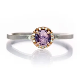 Mixed Metal Purple Rose Cut Sapphire & Diamond Rose Gold Halo Ring, Ready to ship