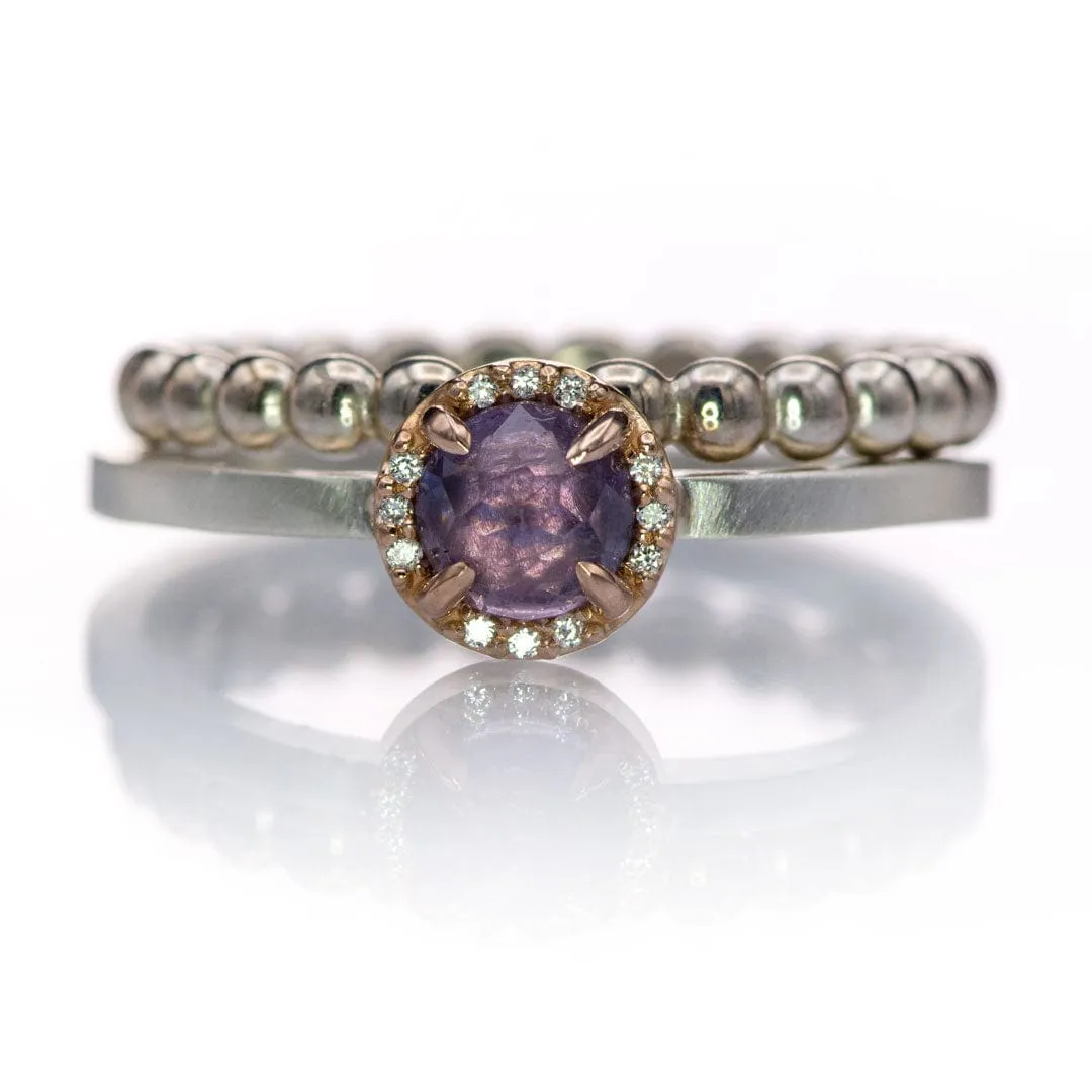 Mixed Metal Purple Rose Cut Sapphire & Diamond Rose Gold Halo Ring, Ready to ship