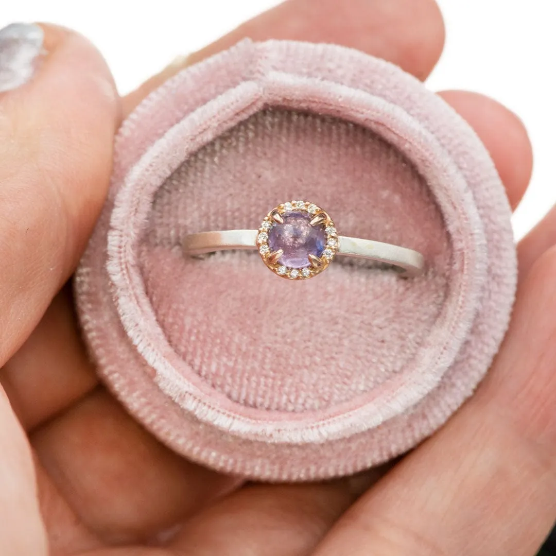 Mixed Metal Purple Rose Cut Sapphire & Diamond Rose Gold Halo Ring, Ready to ship