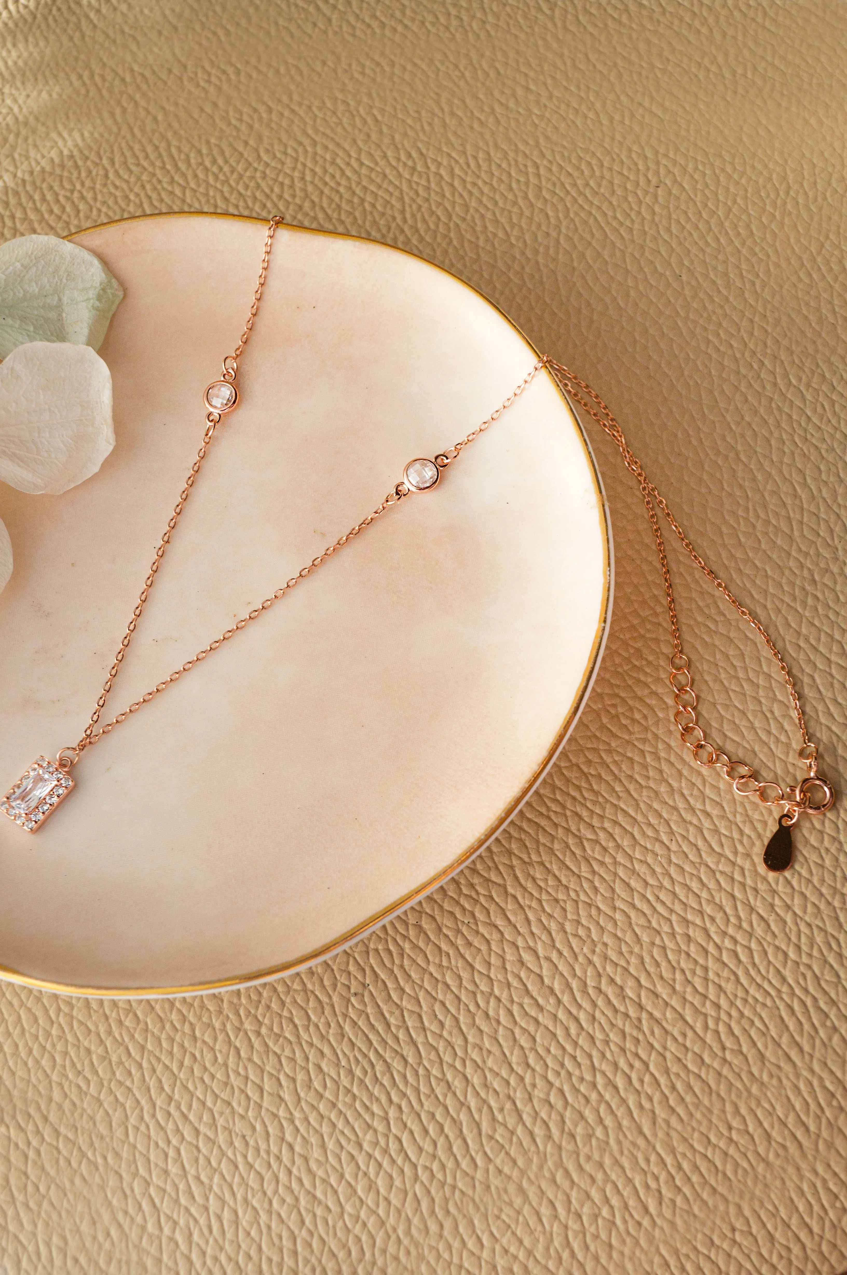 Mysterical Rectangle Solitaire Rose Gold Plated Sterling Silver Necklace Set