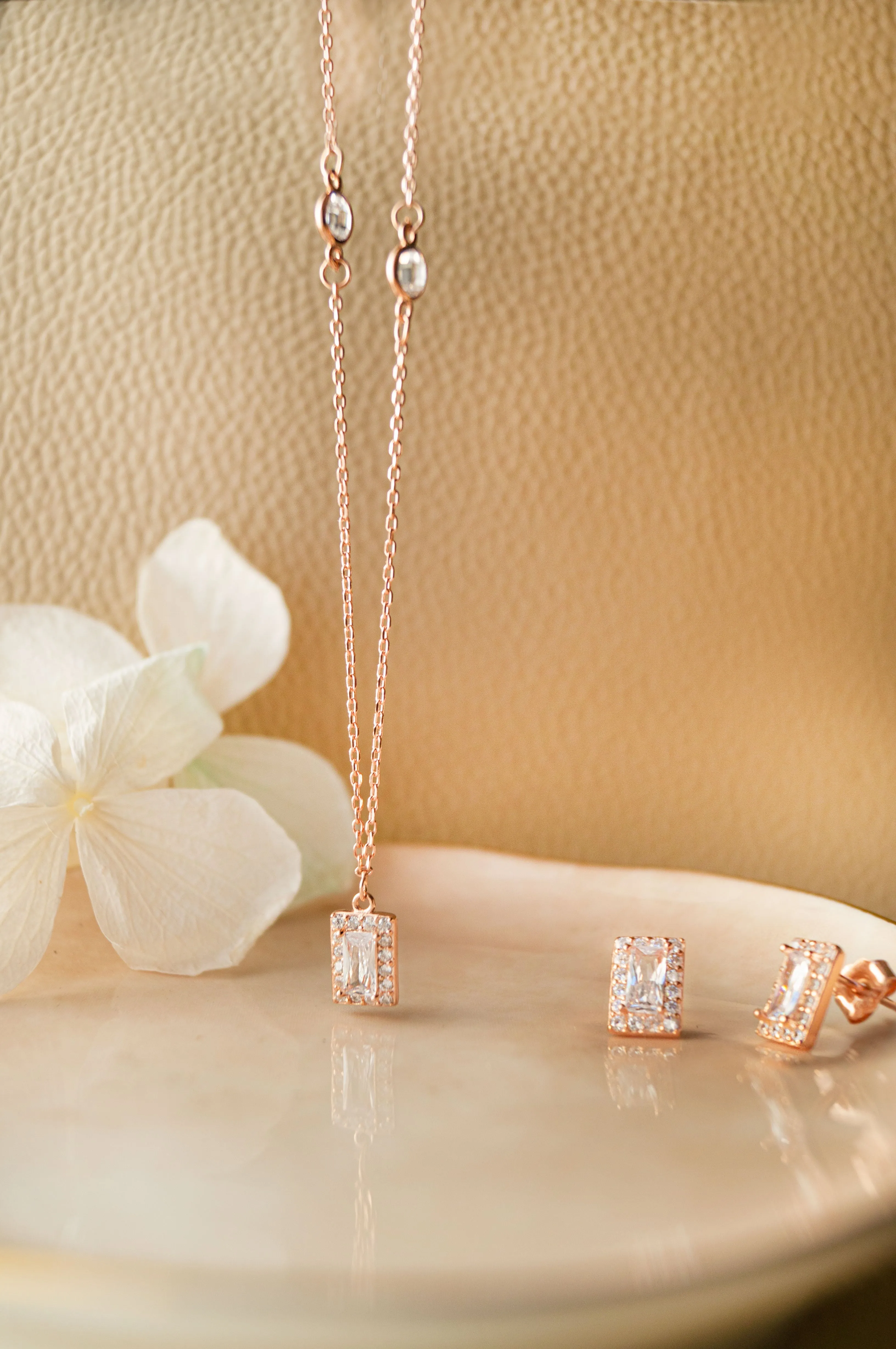 Mysterical Rectangle Solitaire Rose Gold Plated Sterling Silver Necklace Set