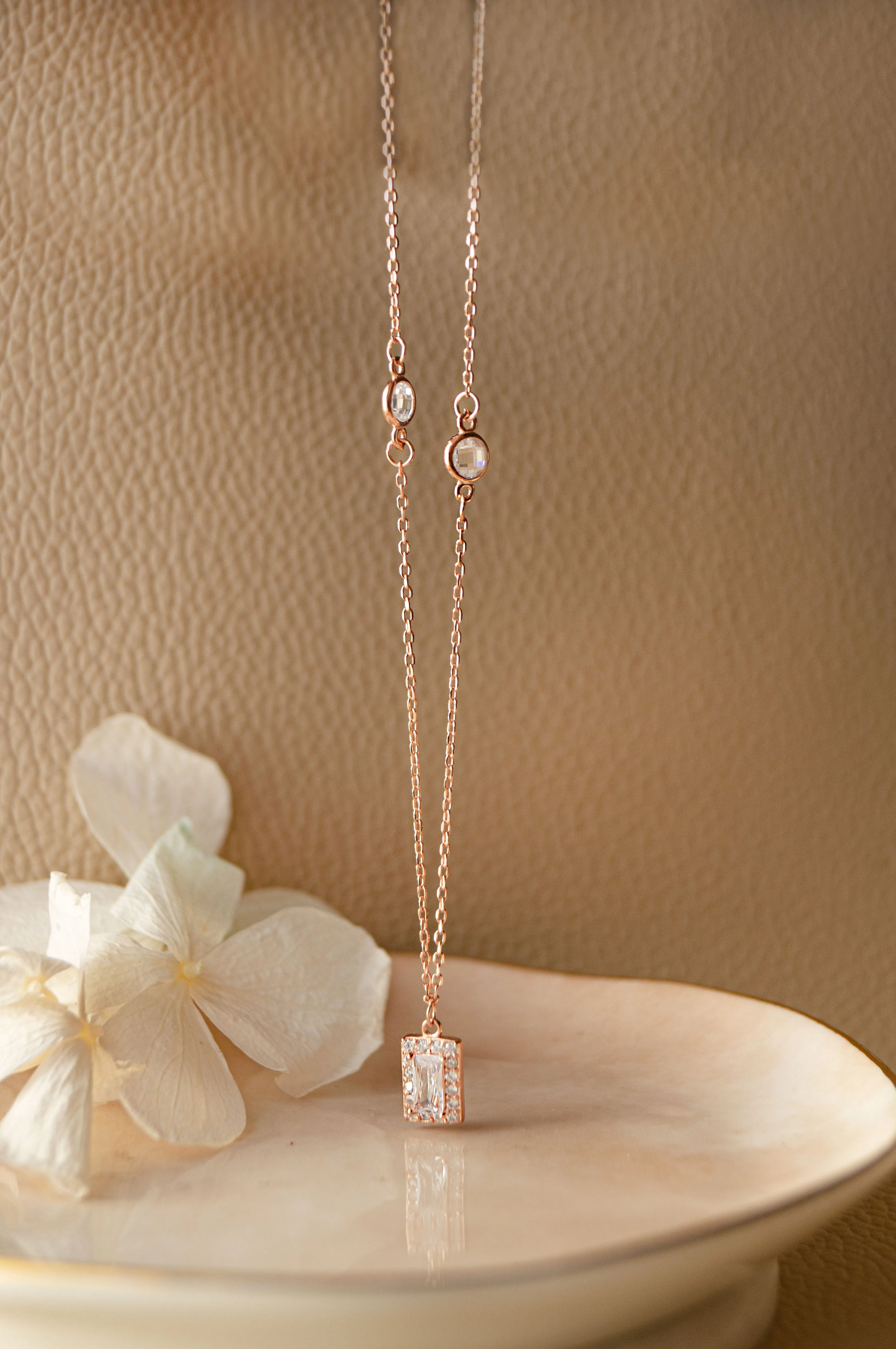 Mysterical Rectangle Solitaire Rose Gold Plated Sterling Silver Necklace Set