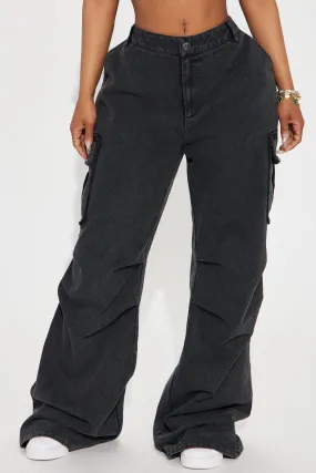 Nessa Washed Wide Leg Cargo Pant - Black