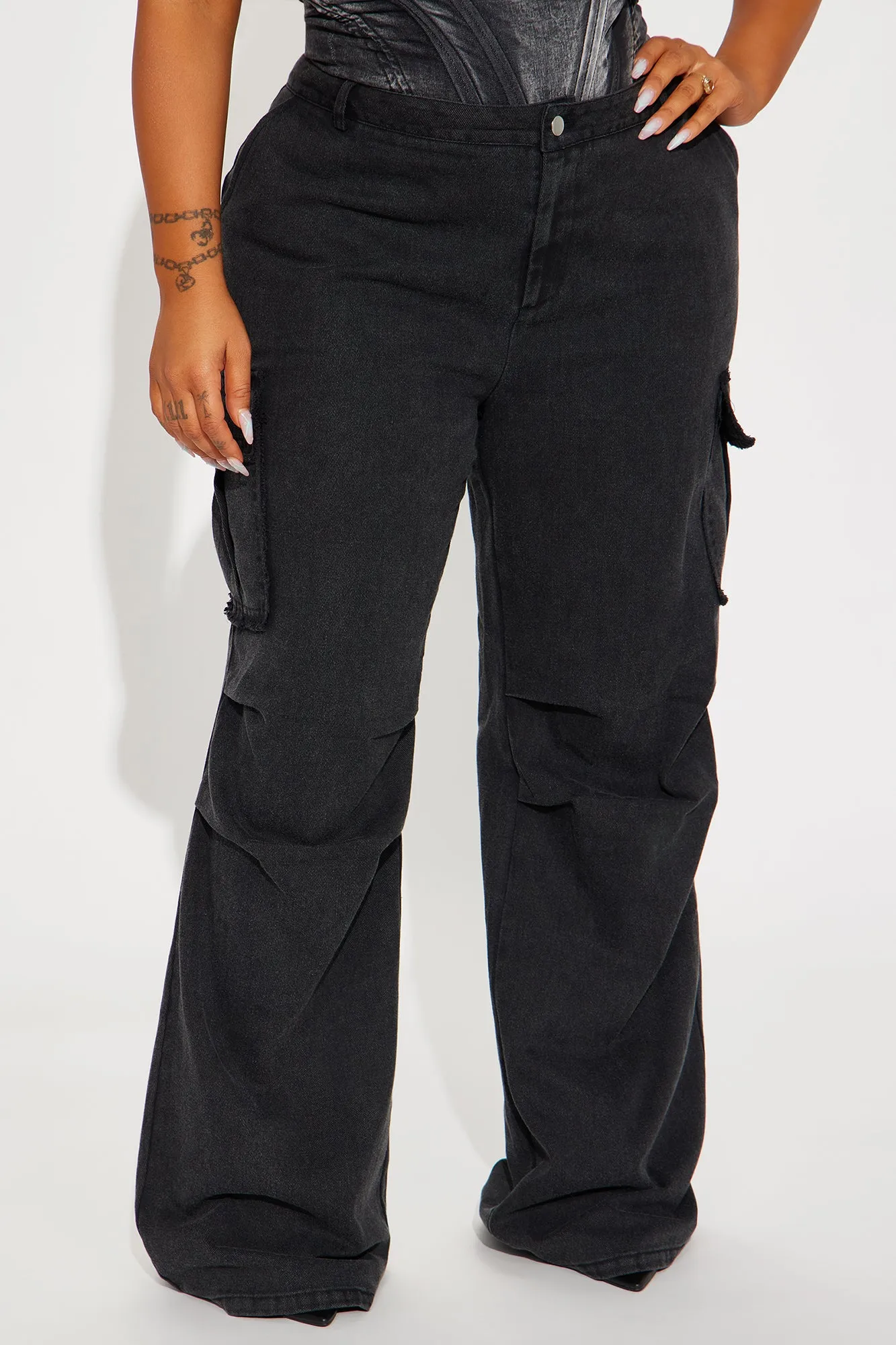 Nessa Washed Wide Leg Cargo Pant - Black