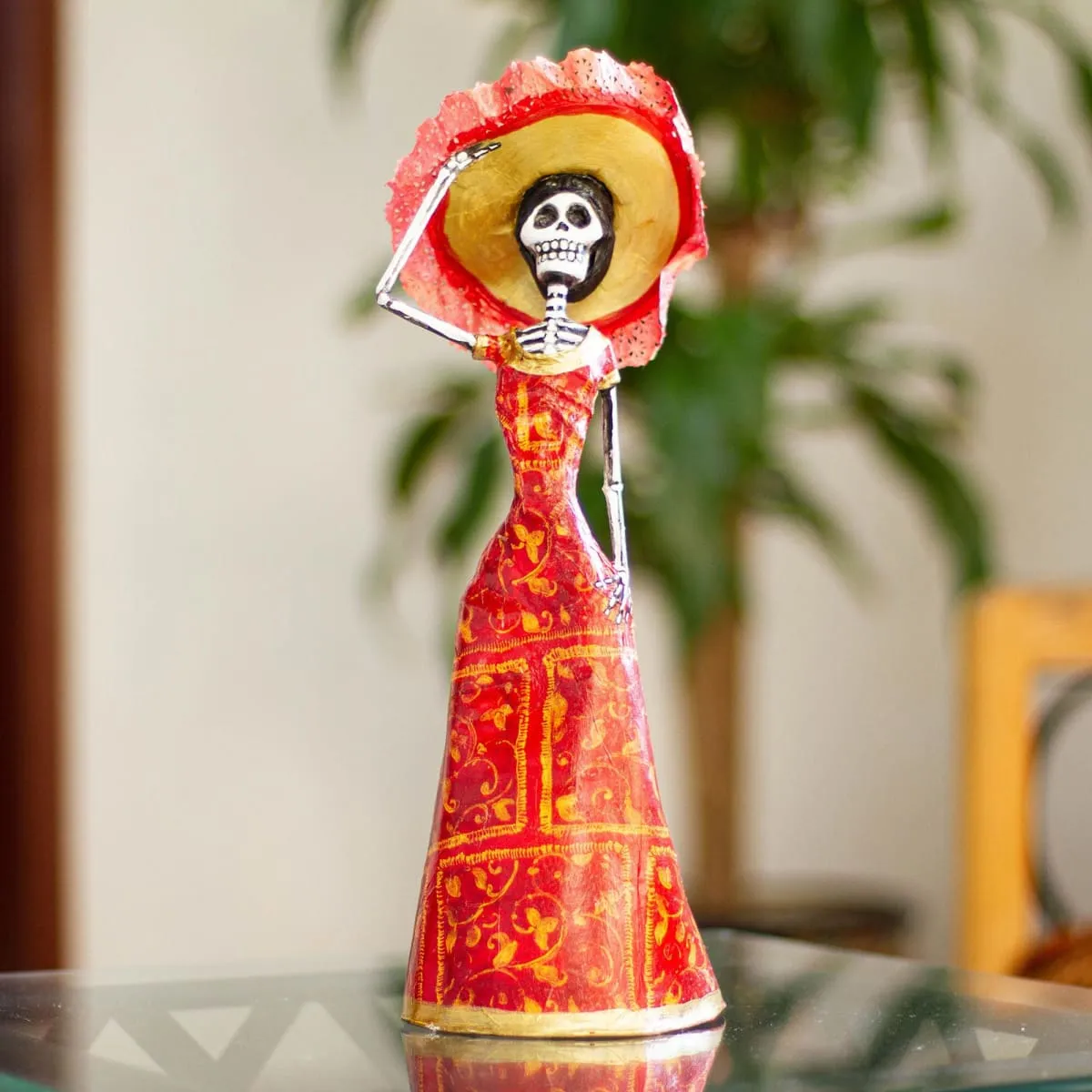 Novica Catrina In Red Papier Mache Sculpture