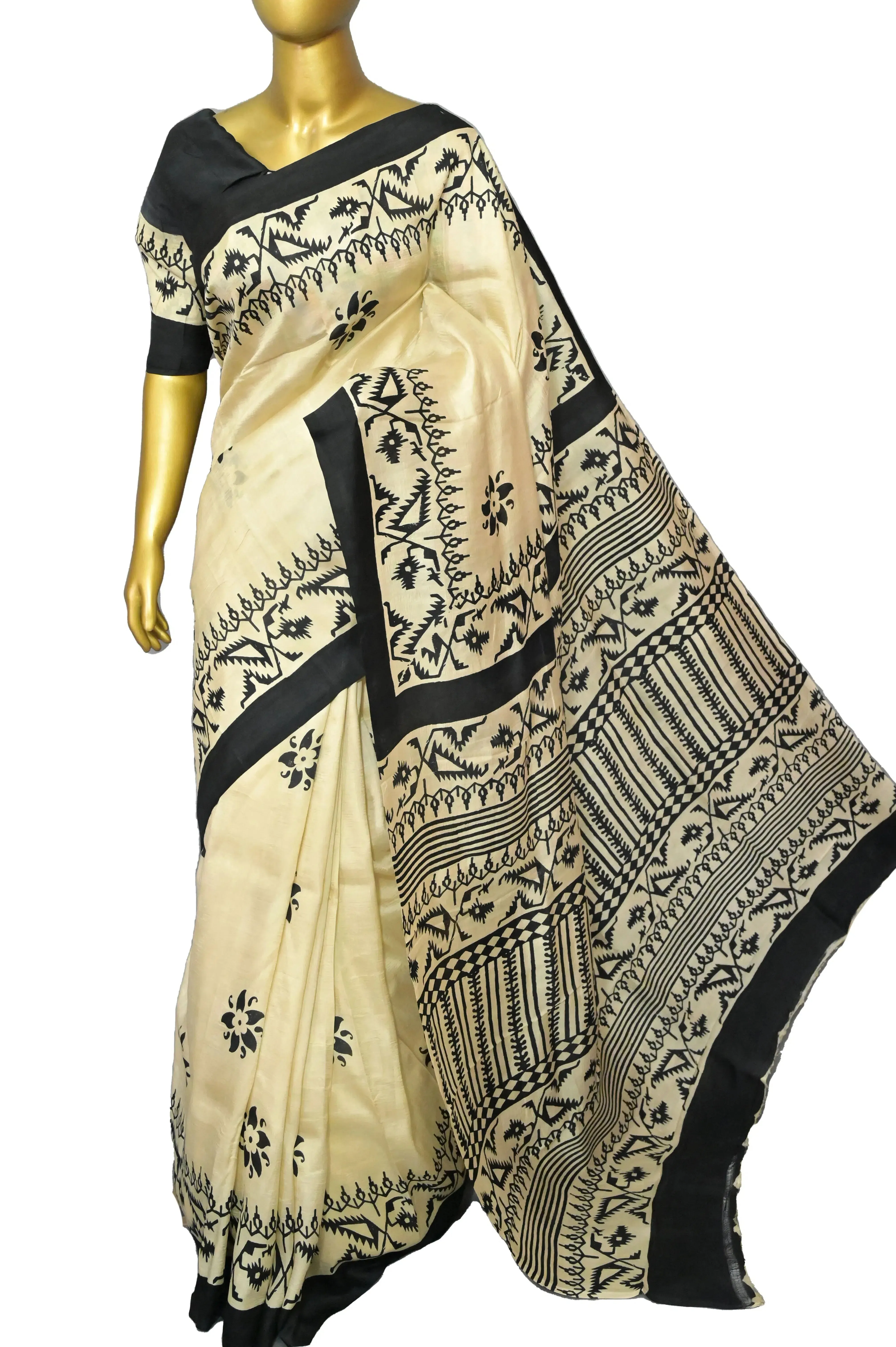 Offwhite and Black Color Pure Bishnupur Silk Saree with Jamdani Hand Block