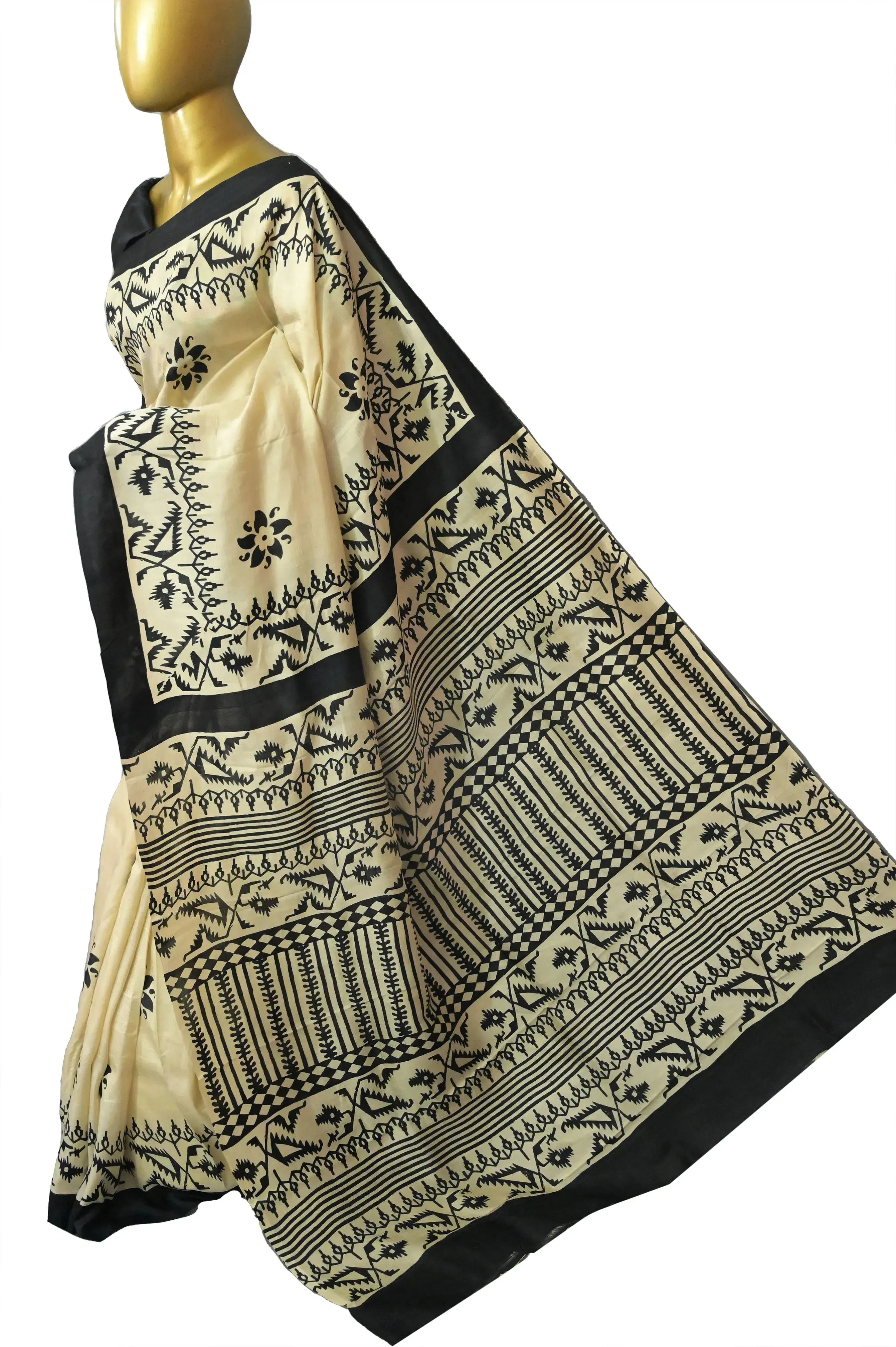 Offwhite and Black Color Pure Bishnupur Silk Saree with Jamdani Hand Block