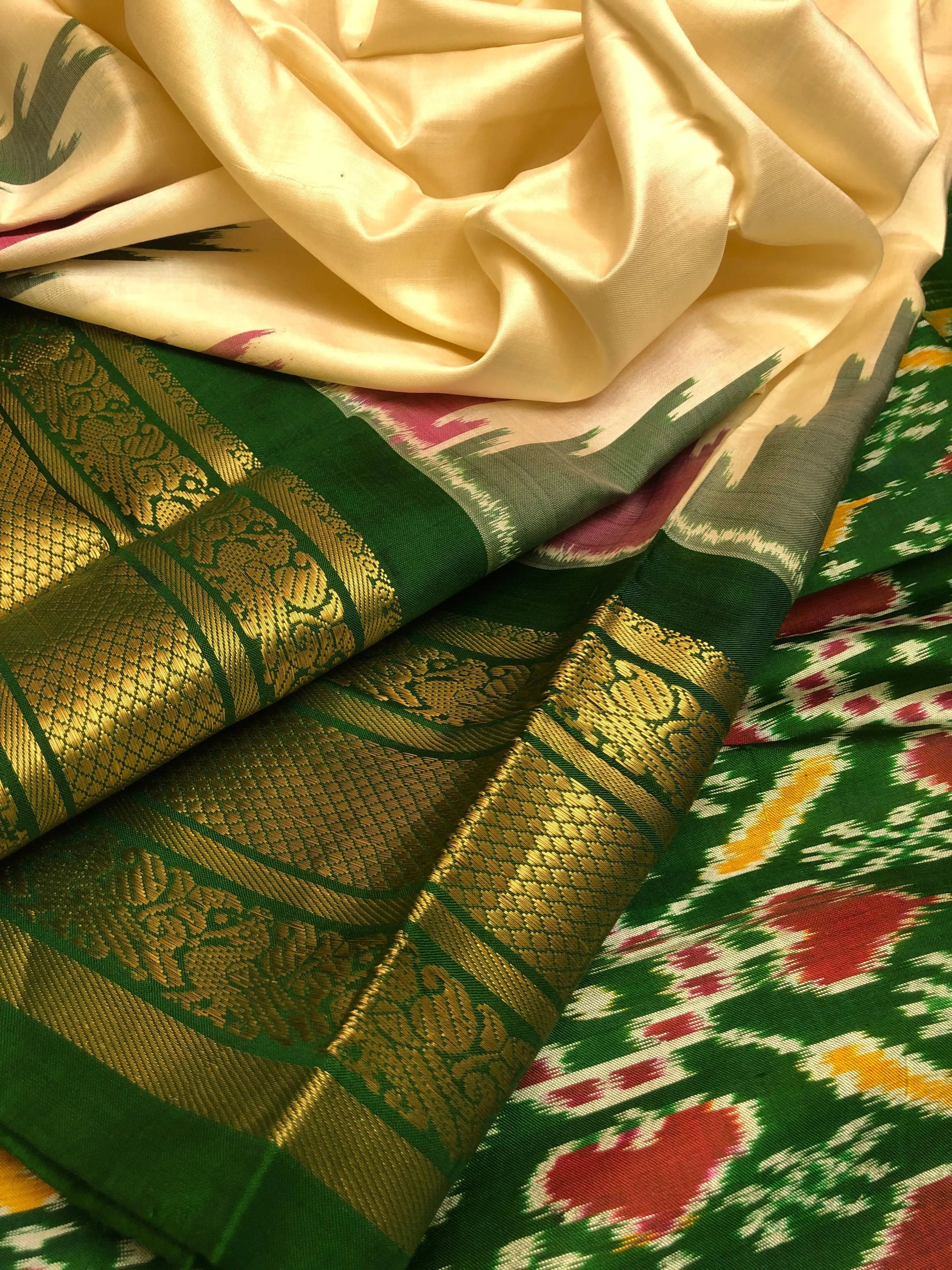 Offwhite and Pine Green Color Ikat Silk Saree with Kanchi & Temple Border