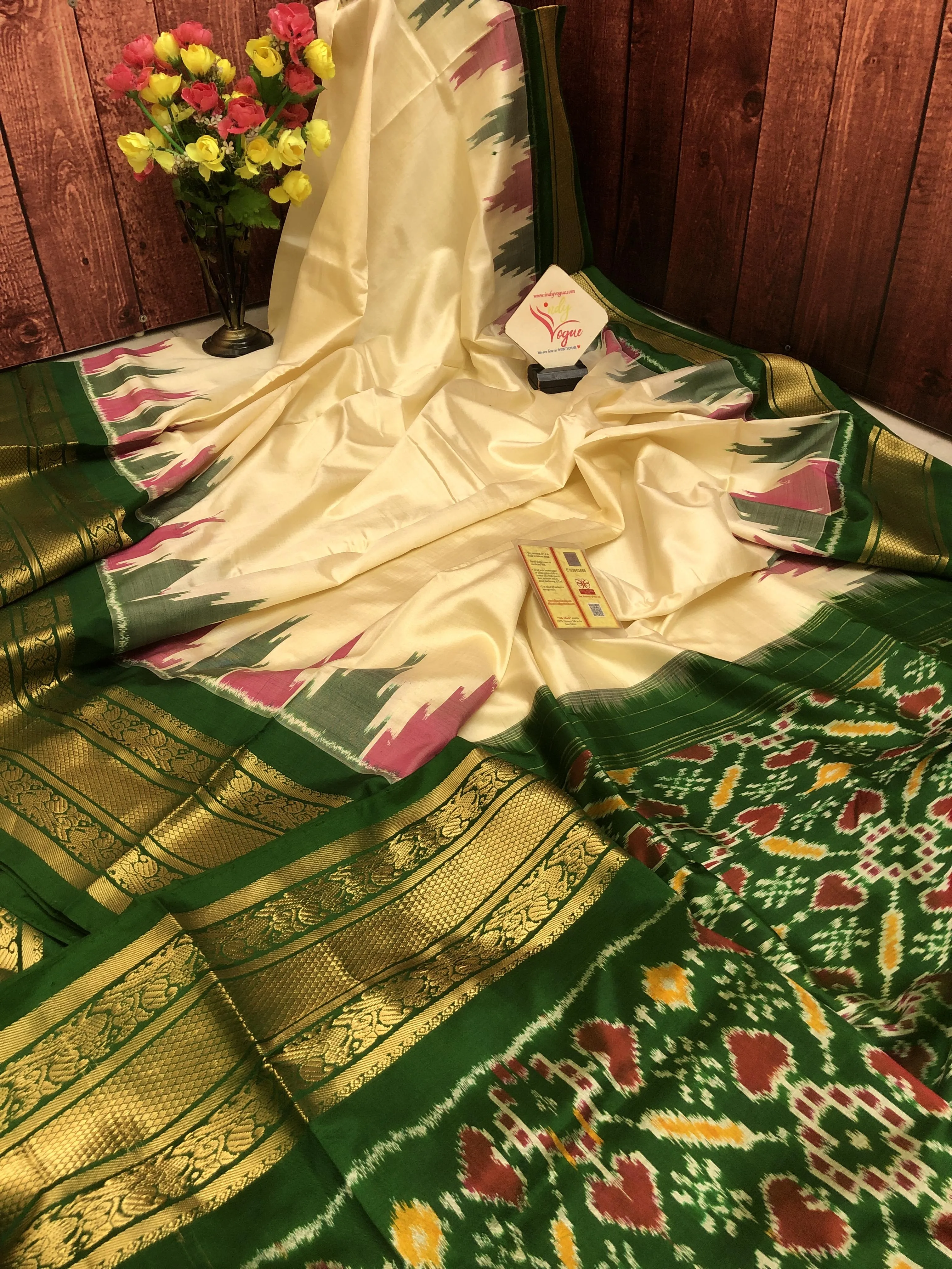 Offwhite and Pine Green Color Ikat Silk Saree with Kanchi & Temple Border