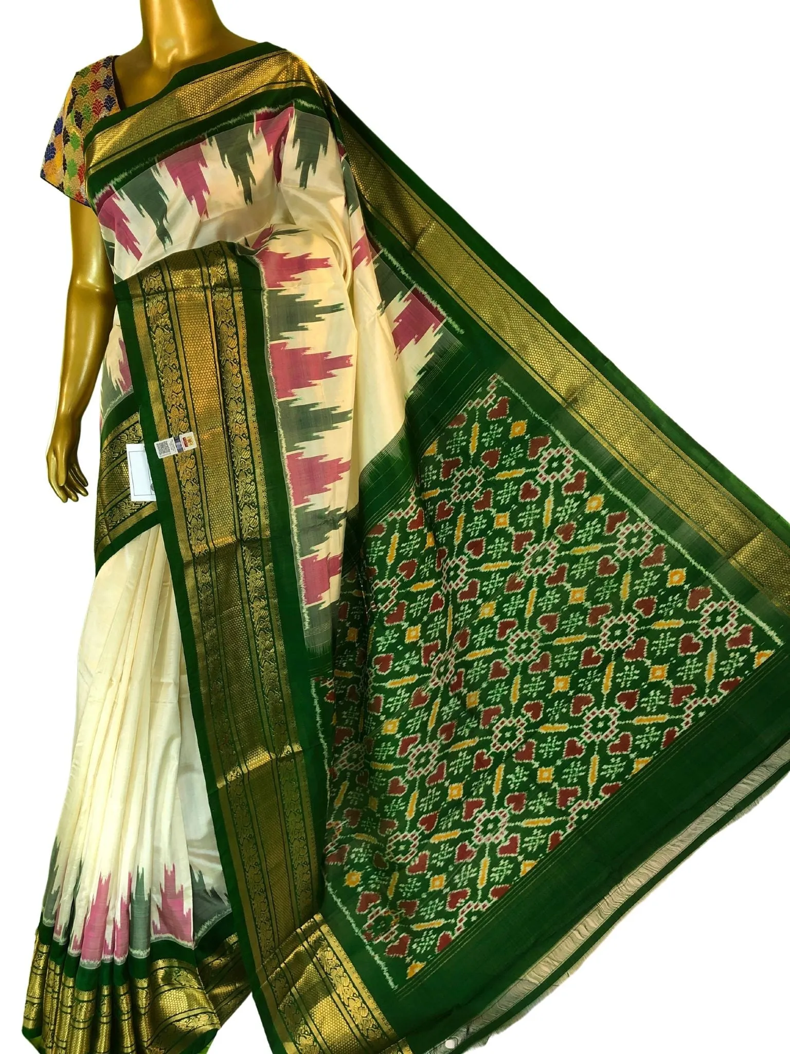 Offwhite and Pine Green Color Ikat Silk Saree with Kanchi & Temple Border