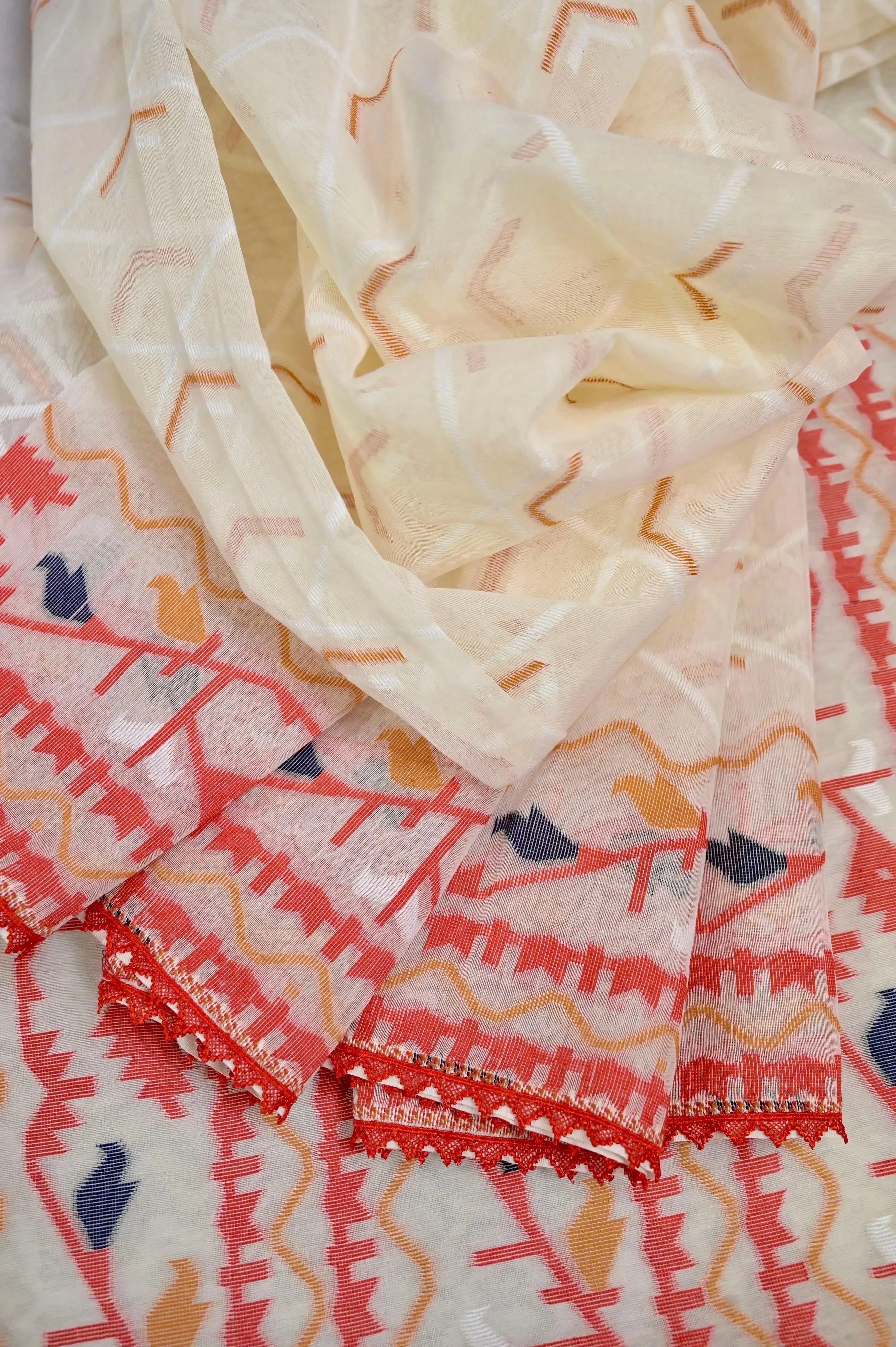 Offwhite and Red Color Jamdani Saree with Lace Work