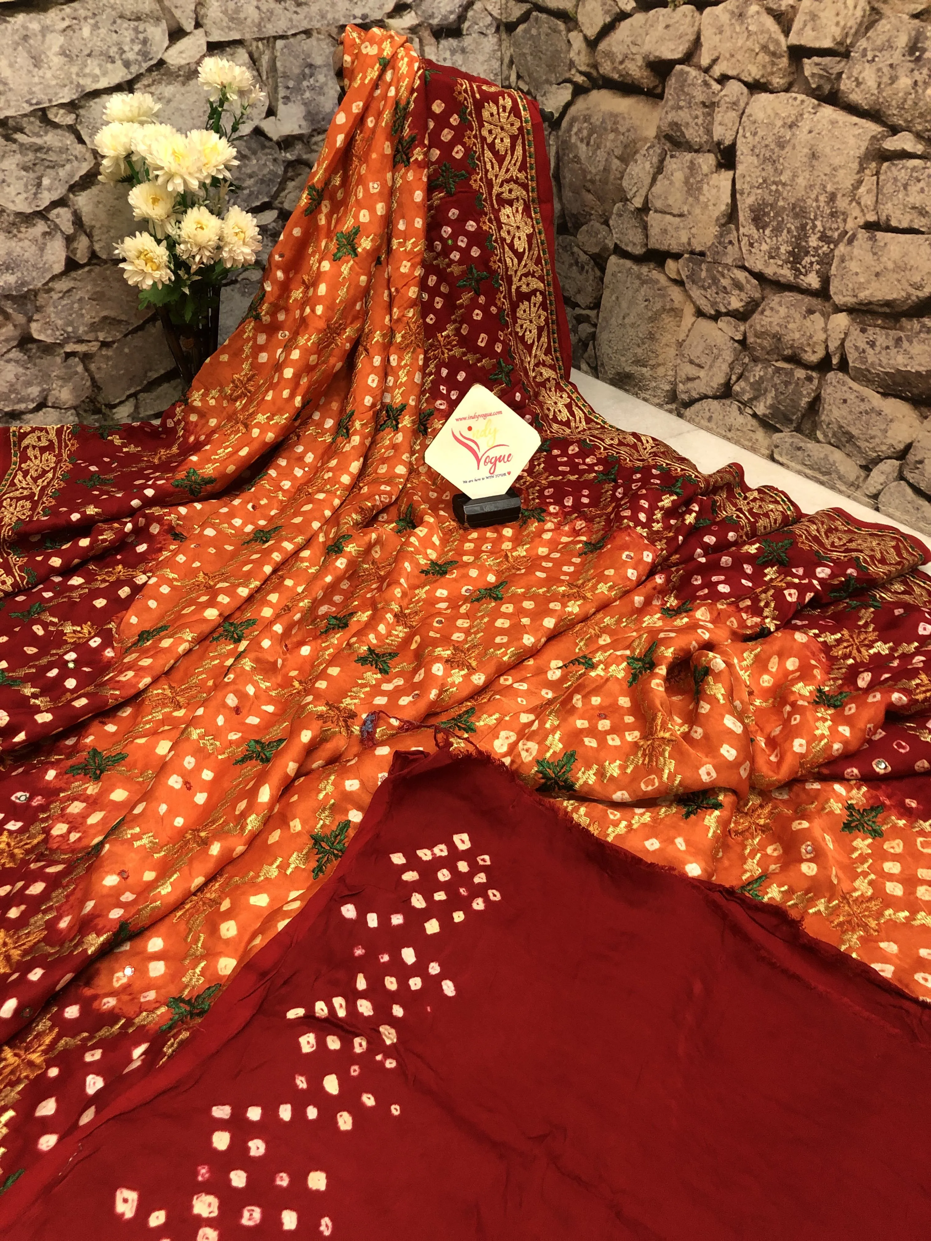 Orange Candy Color Ghazi Silk Gharchola Saree with Hand Bandhej and Mirror Work