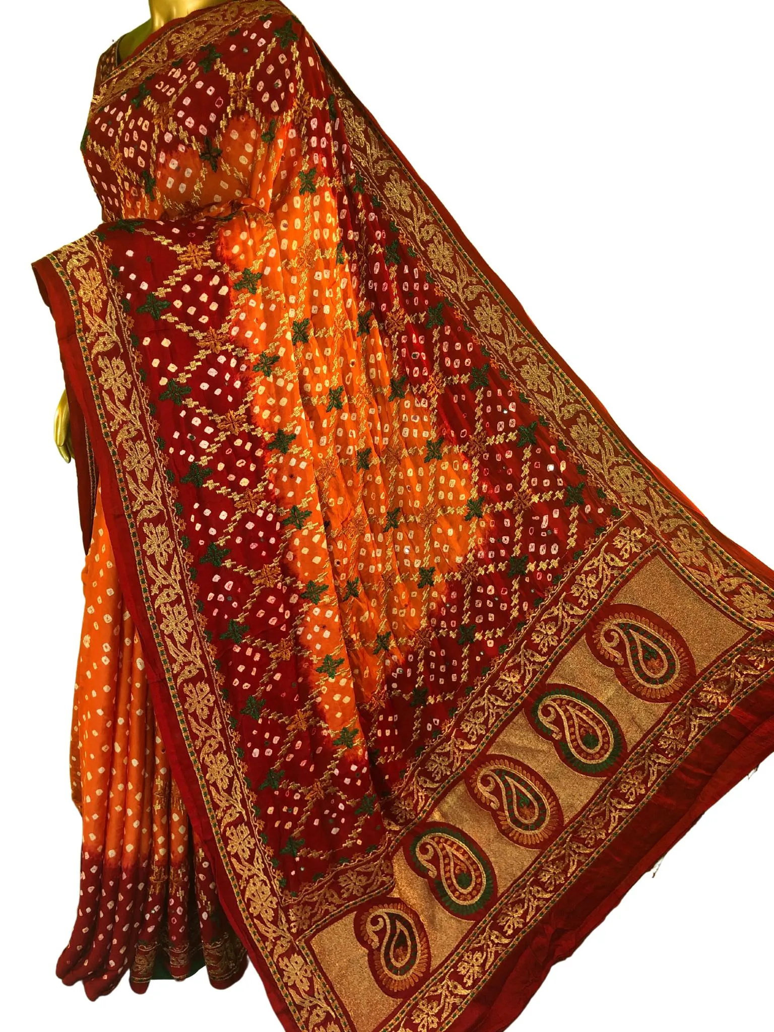 Orange Candy Color Ghazi Silk Gharchola Saree with Hand Bandhej and Mirror Work