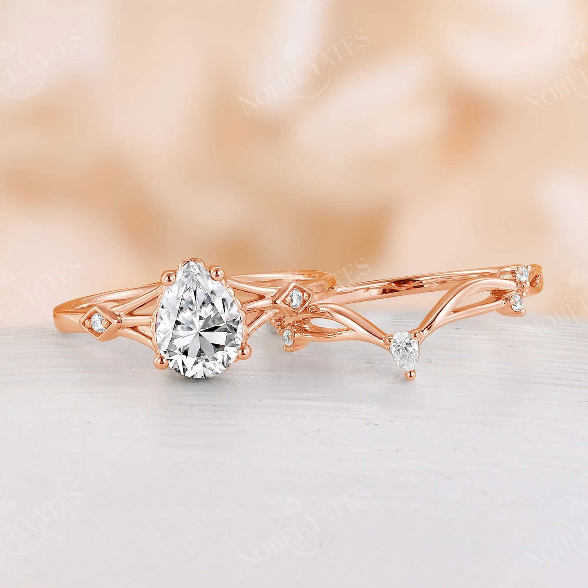 Pear Moissanite Vintage Engagement Ring Set Split Band Rose Gold