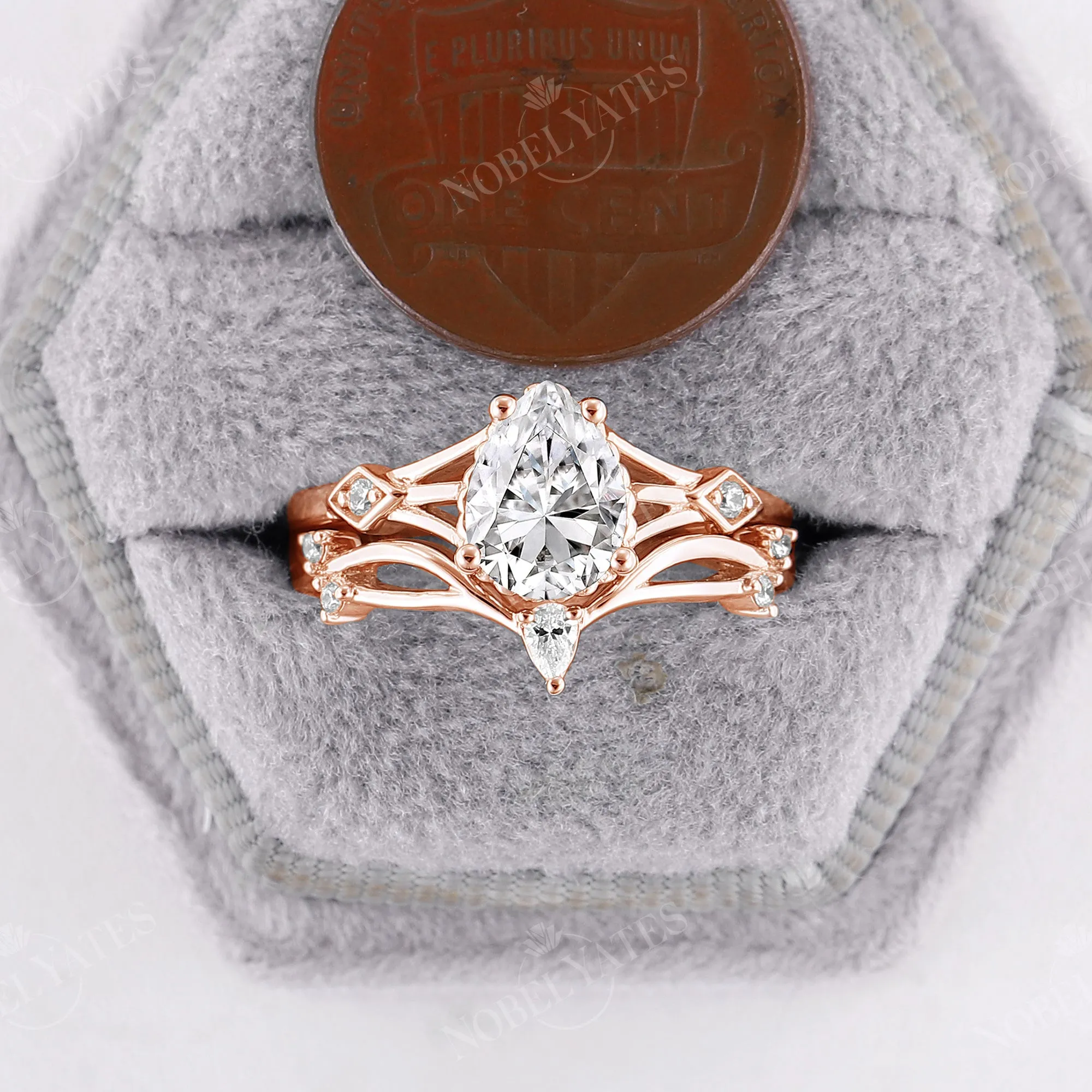 Pear Moissanite Vintage Engagement Ring Set Split Band Rose Gold