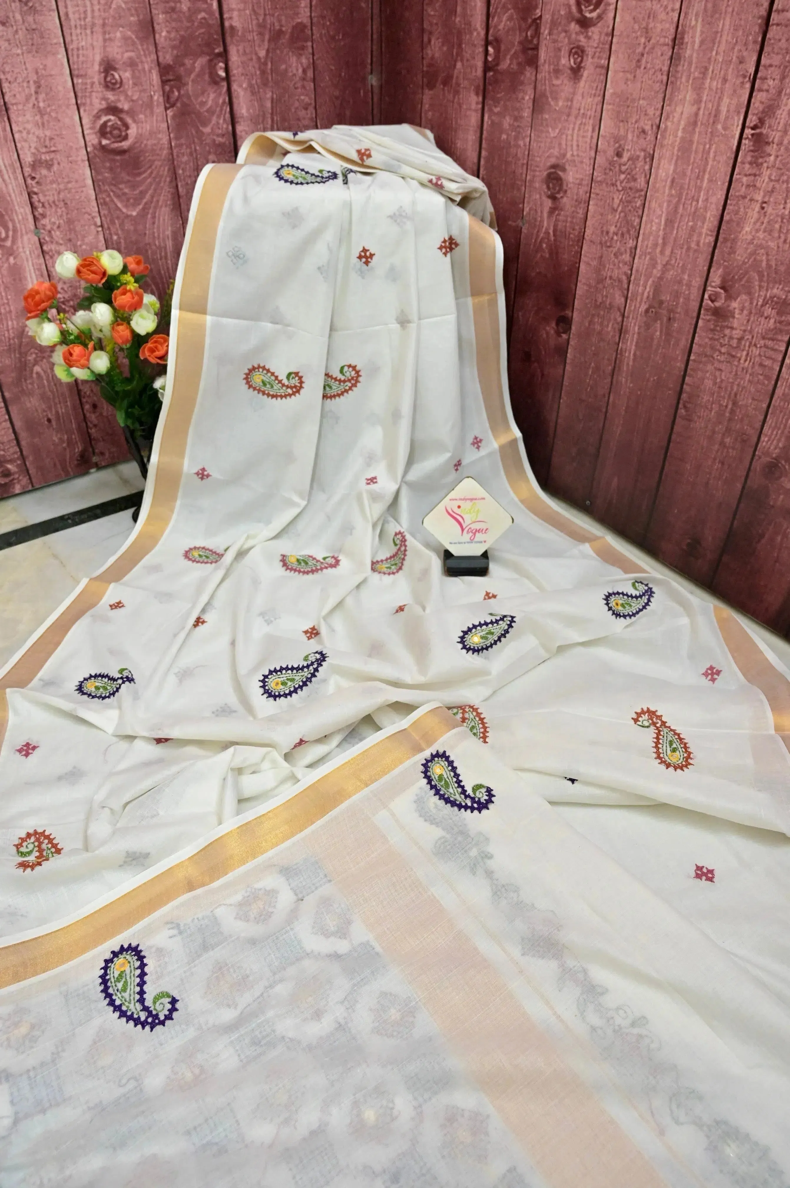 Powder White Color Kerala Cotton Saree with Hand Gujrati Stitch and Mirror Work