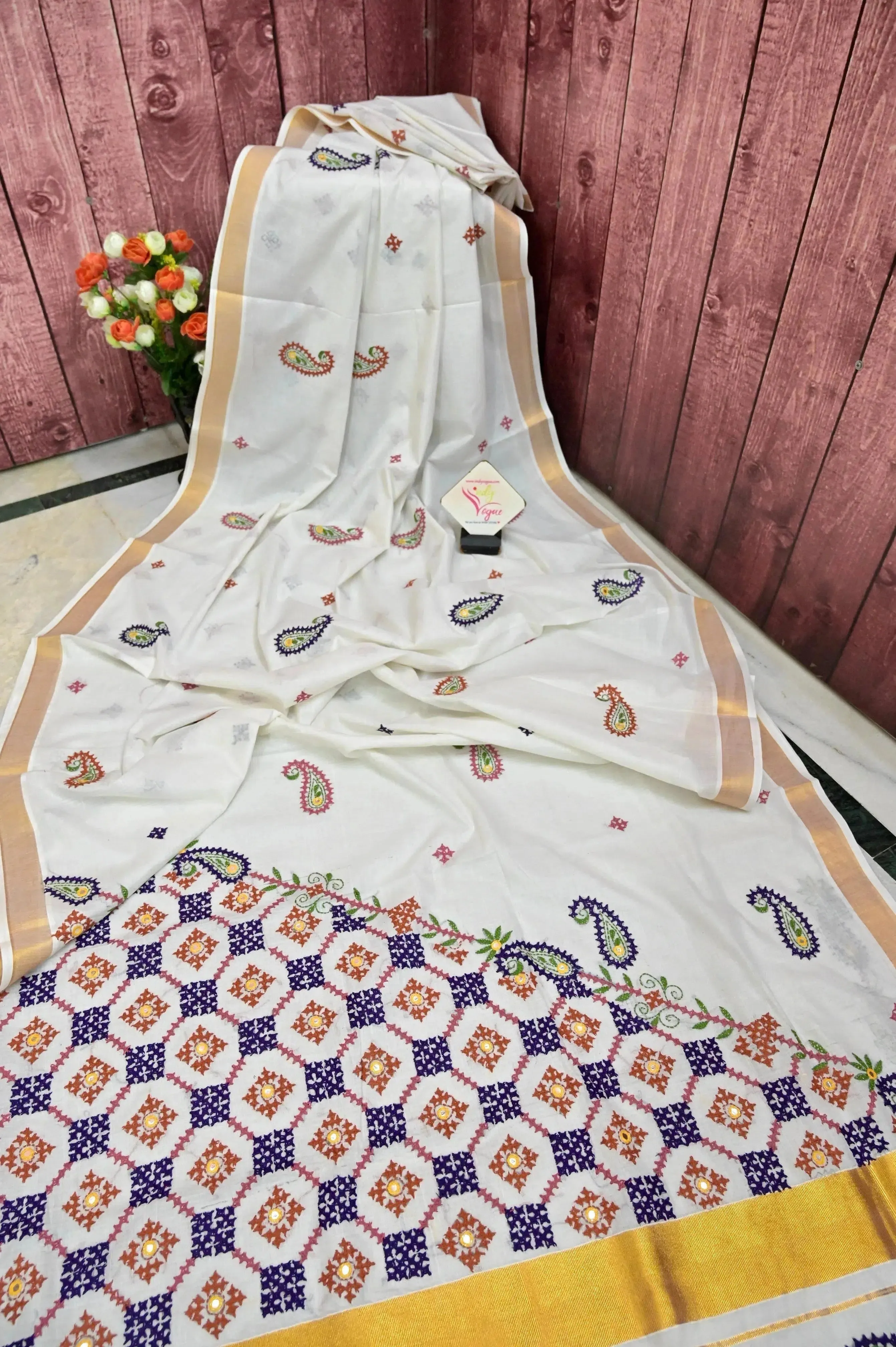 Powder White Color Kerala Cotton Saree with Hand Gujrati Stitch and Mirror Work