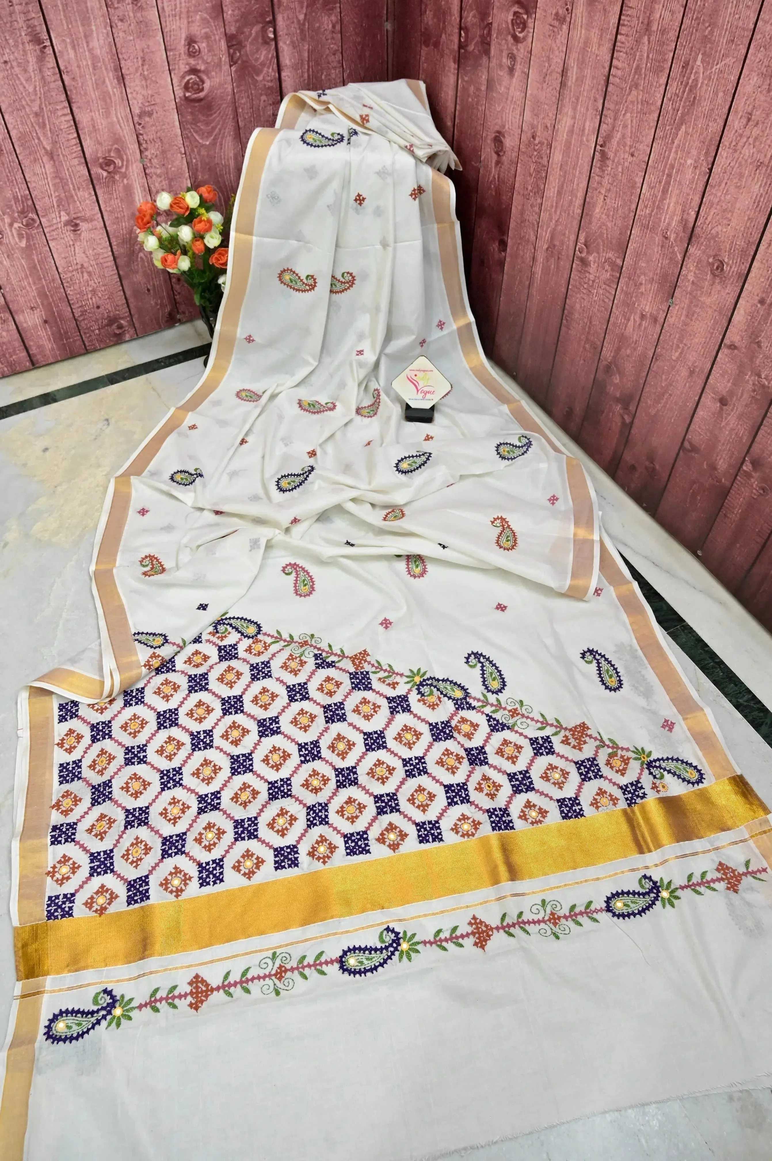 Powder White Color Kerala Cotton Saree with Hand Gujrati Stitch and Mirror Work