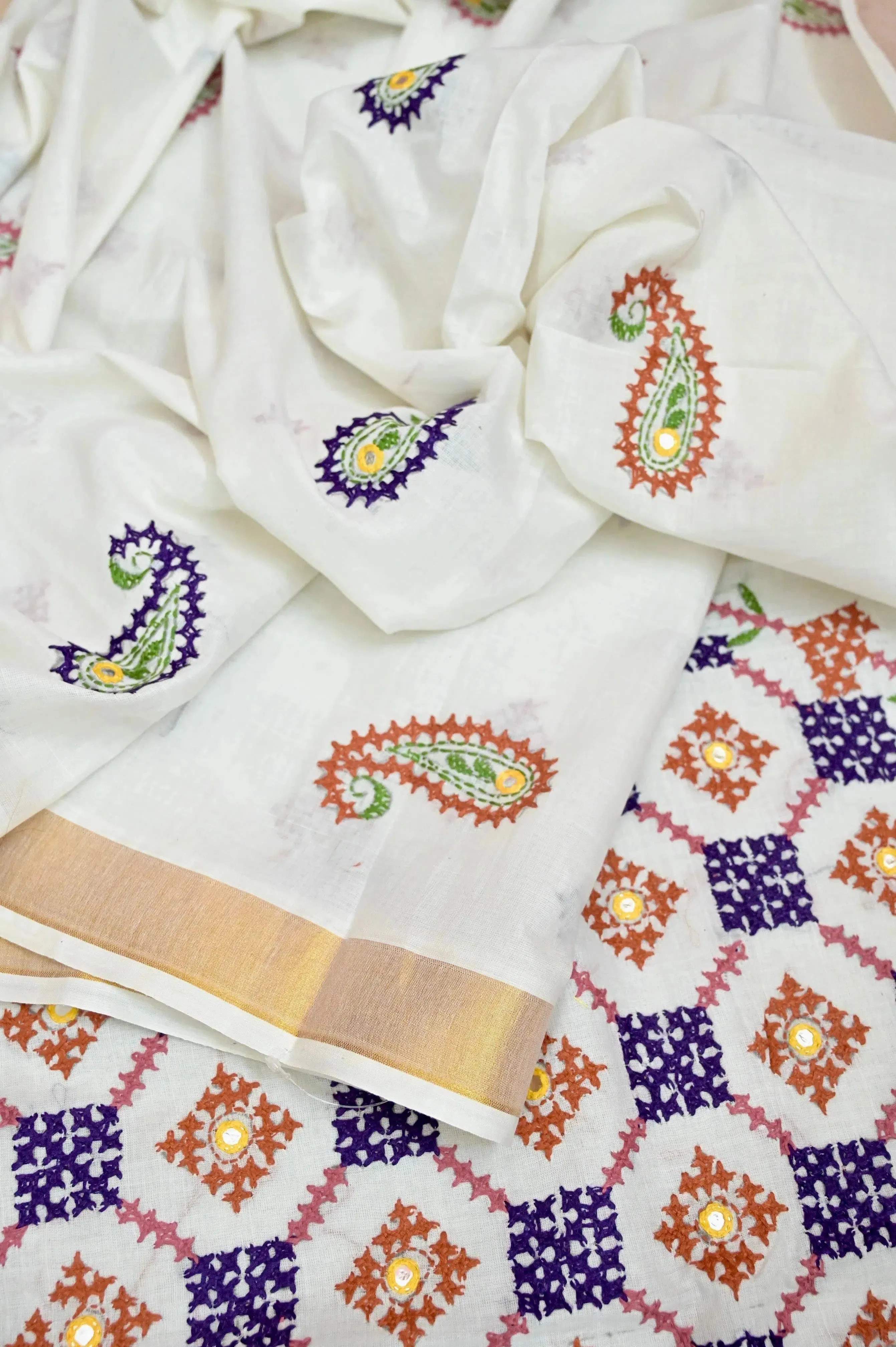 Powder White Color Kerala Cotton Saree with Hand Gujrati Stitch and Mirror Work