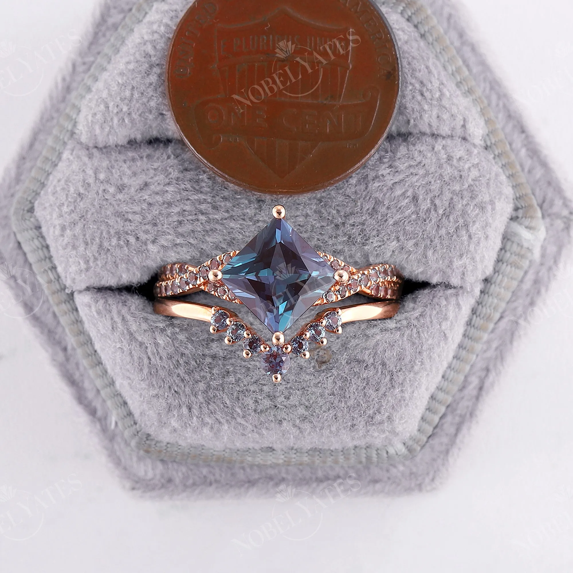 Princess Cut Lab Alexandrite Twist Engagement Ring Set Rose Gold