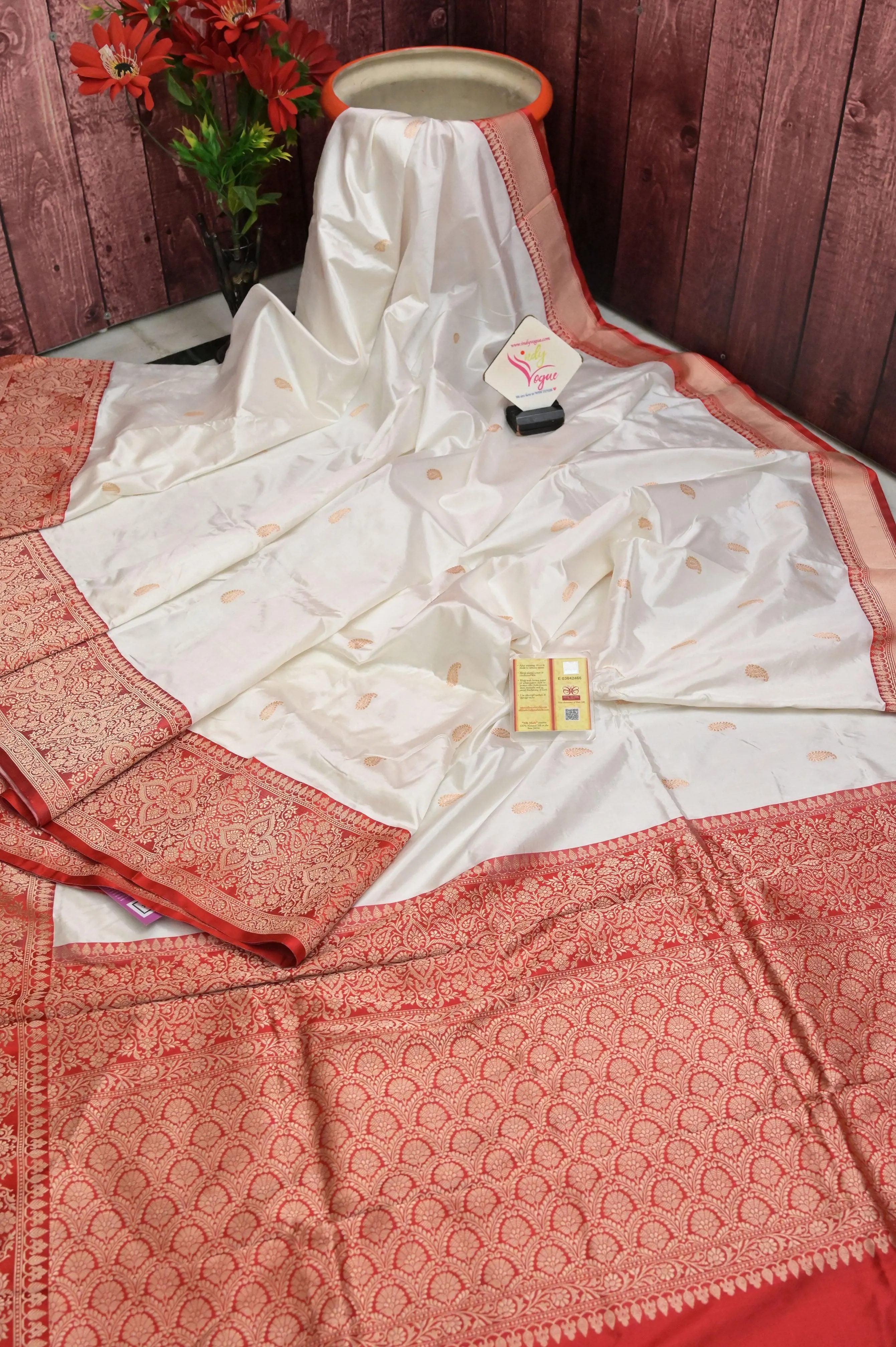 Pure White Color Katan Banarasi Saree with Buti Work