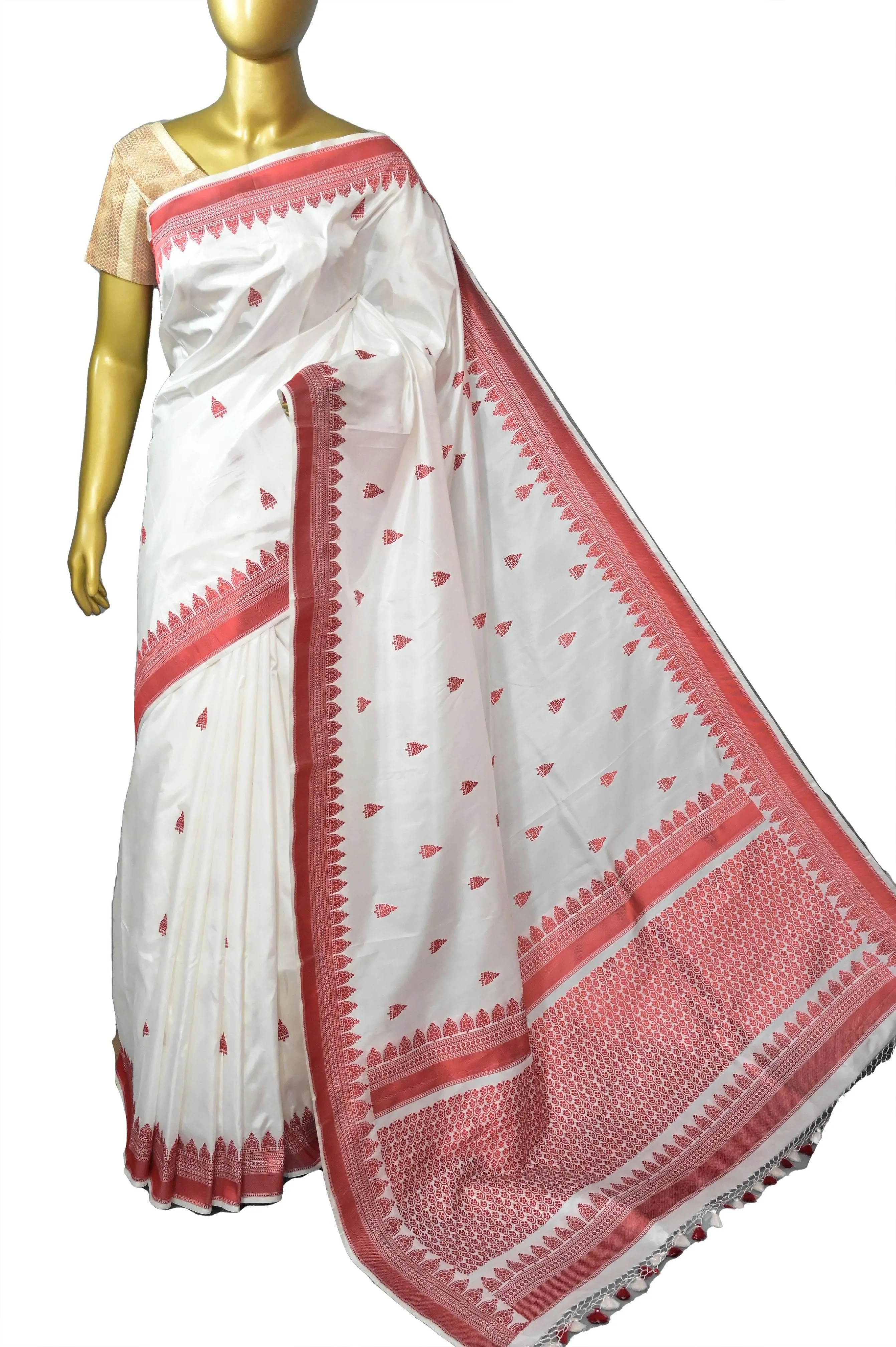 Pure White Color Katan Banarasi Saree with Thread-Weaving