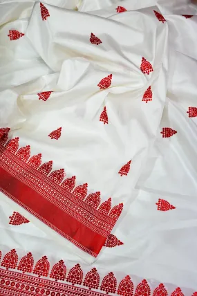 Pure White Color Katan Banarasi Saree with Thread-Weaving