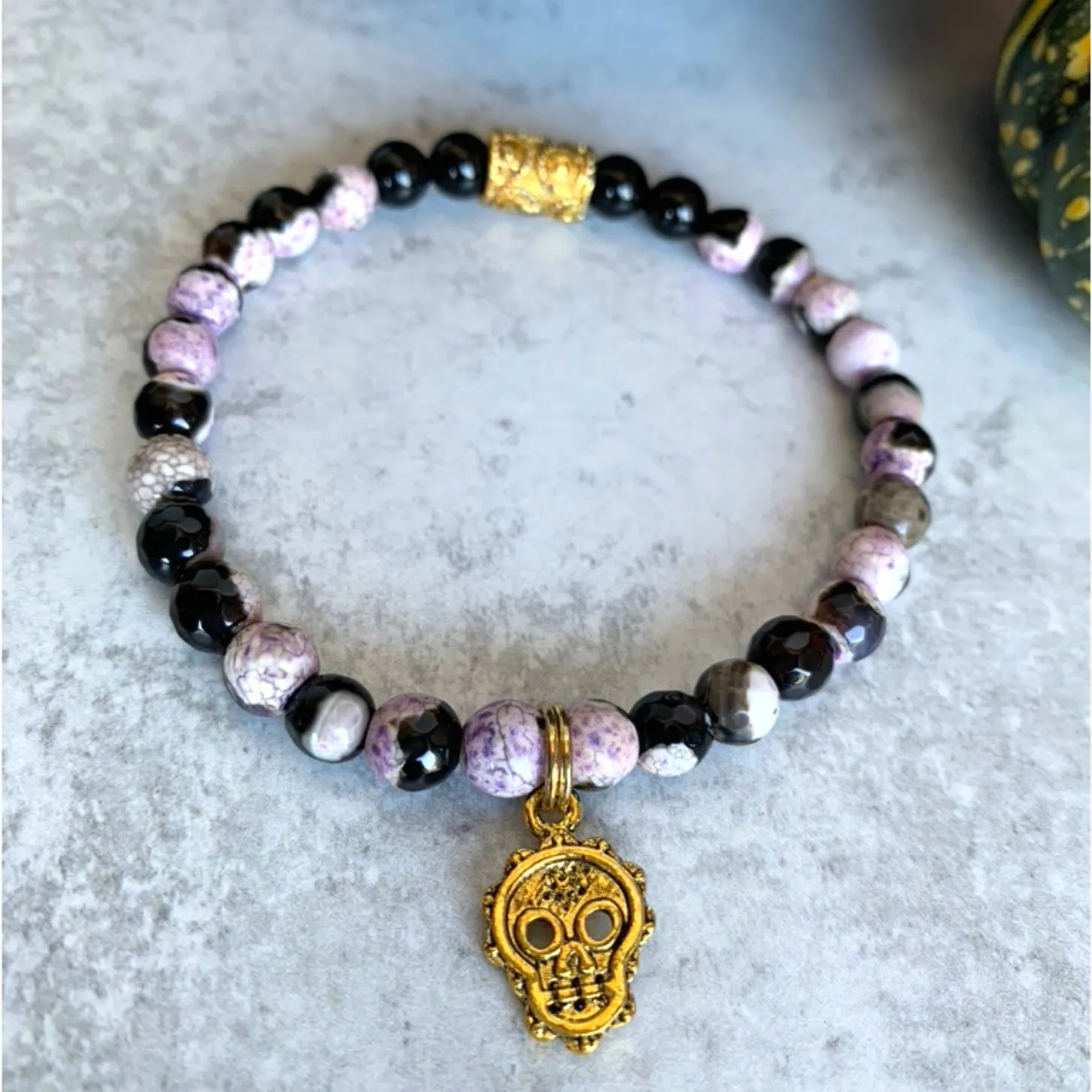 Purple & White Agate Gemstone Skull Bracelet