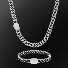 Push Button Clasp | 8mm Miami Cuban Link Chain and Bracelet Set in White Gold KRKC