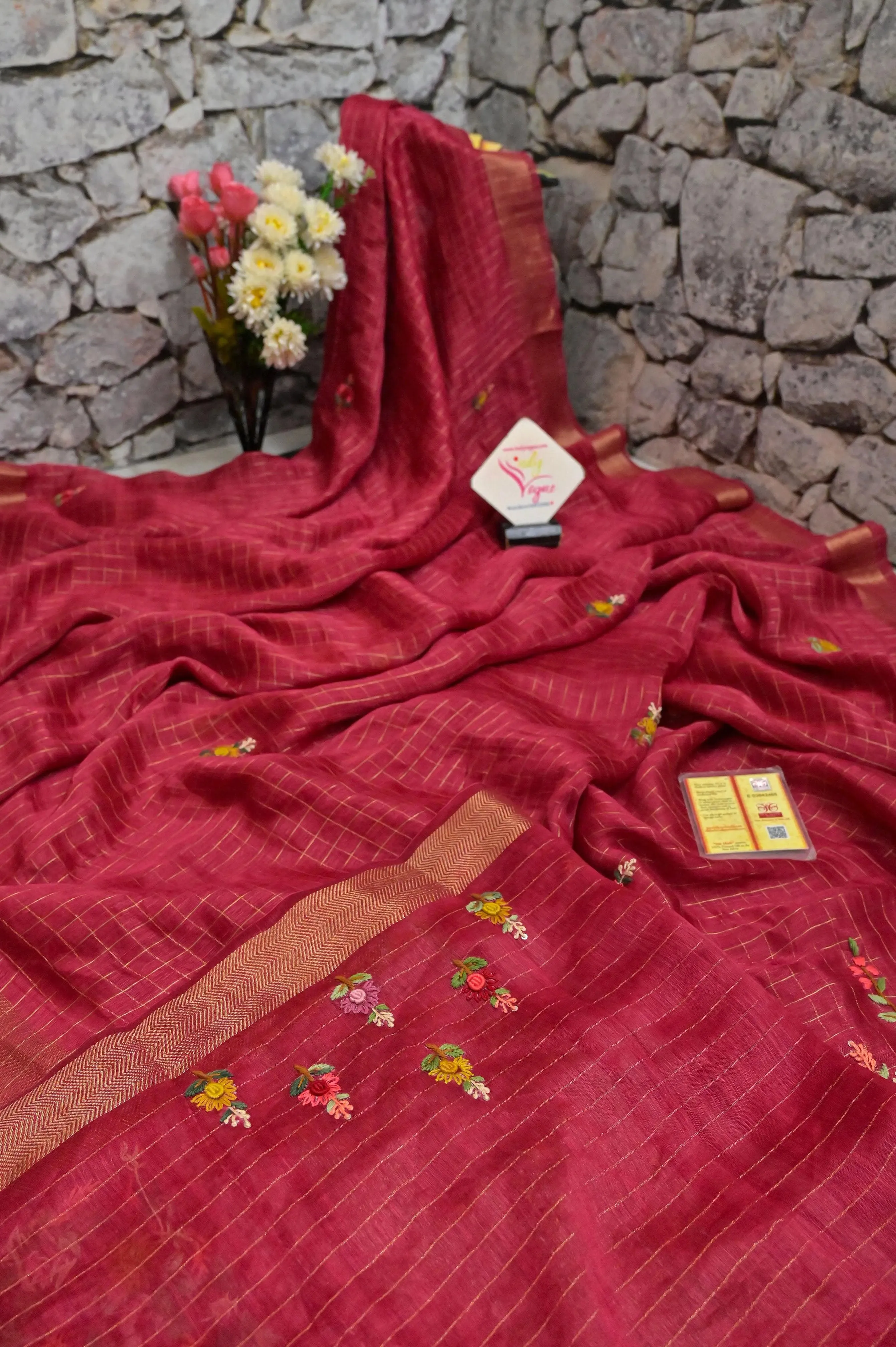 Red Color Pure Linen Silk with Zari Check and French Knot with Hand Parsi and Kantha Embroidery