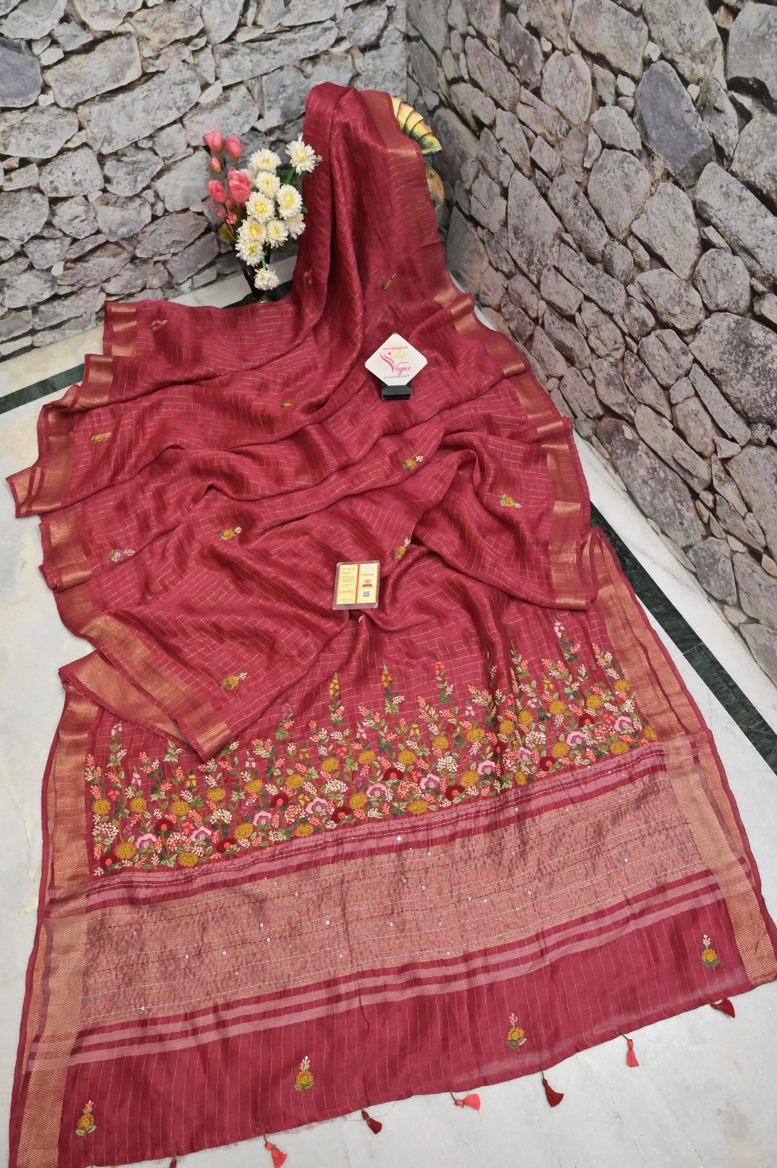 Red Color Pure Linen Silk with Zari Check and French Knot with Hand Parsi and Kantha Embroidery