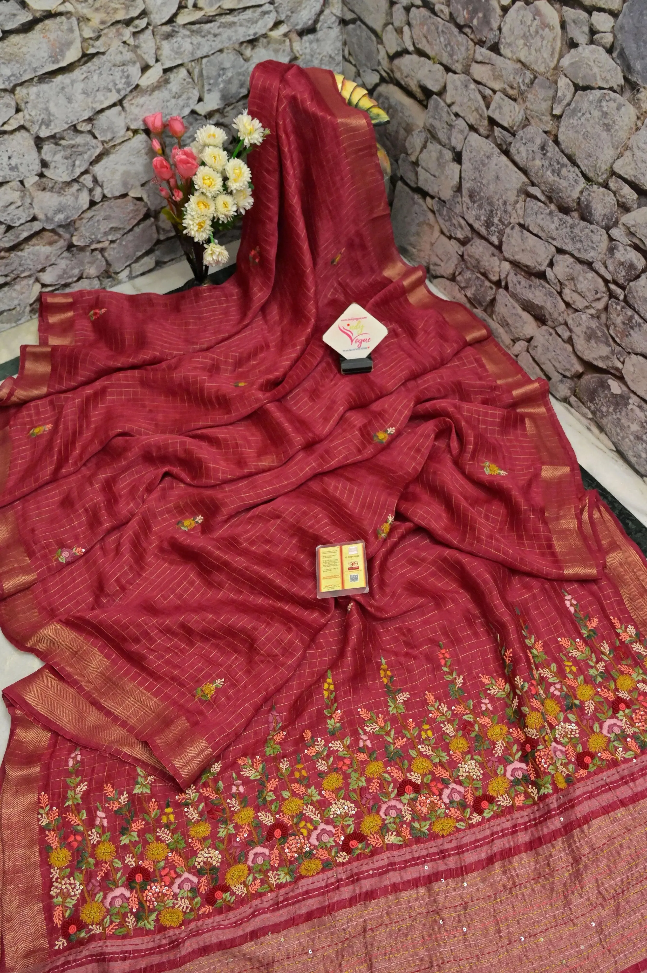 Red Color Pure Linen Silk with Zari Check and French Knot with Hand Parsi and Kantha Embroidery