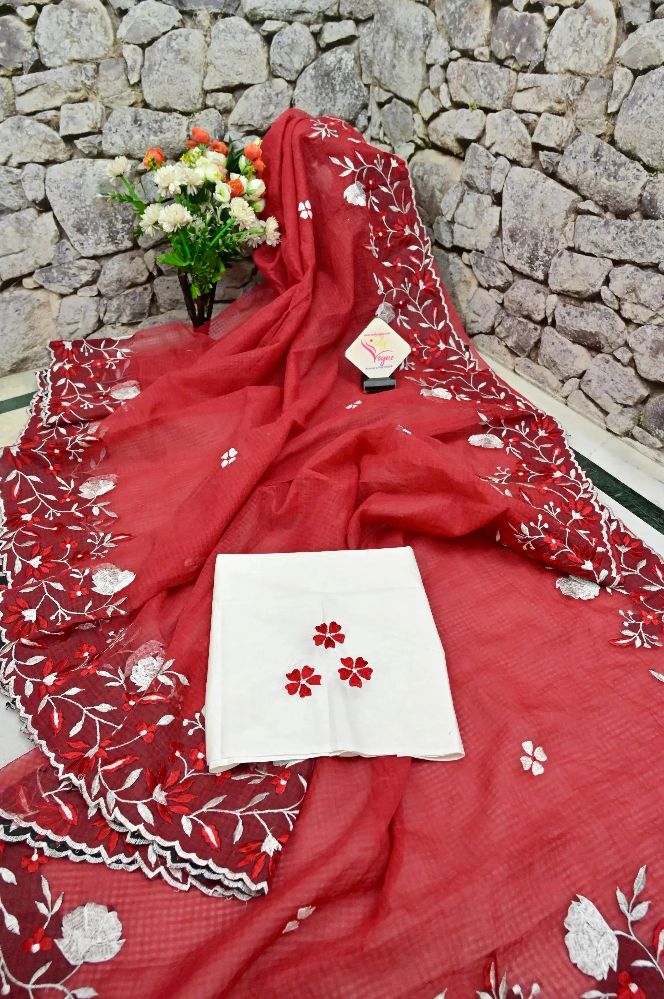 Red Color Resham Kota Saree with Embroidery Work and Scllop Border