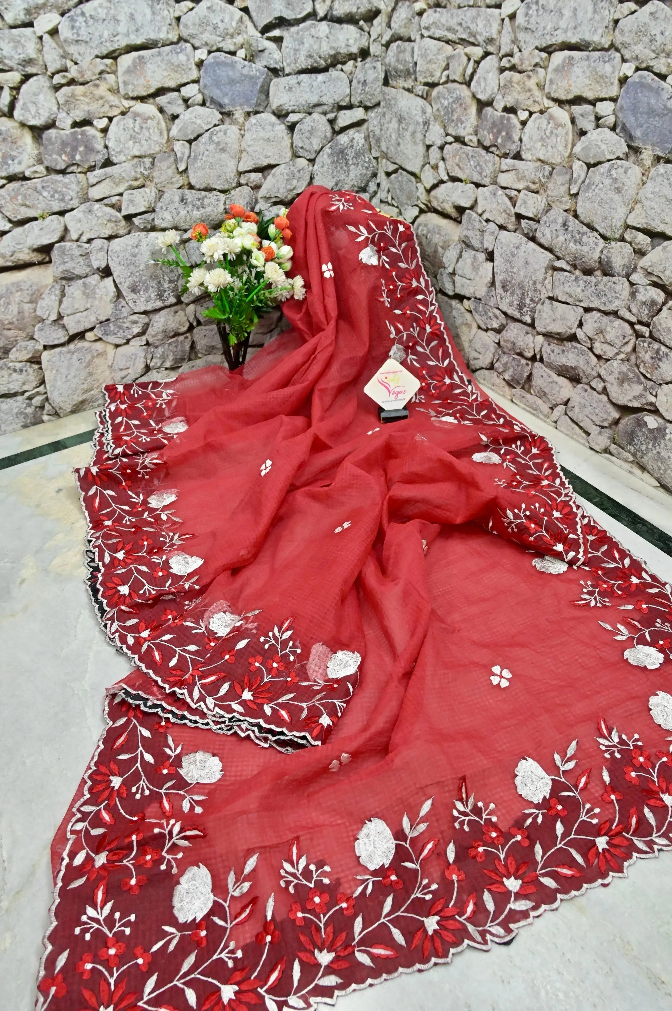 Red Color Resham Kota Saree with Embroidery Work and Scllop Border