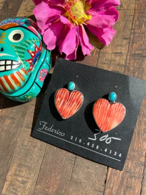 Red Spiny and Turquoise Heart Earrings