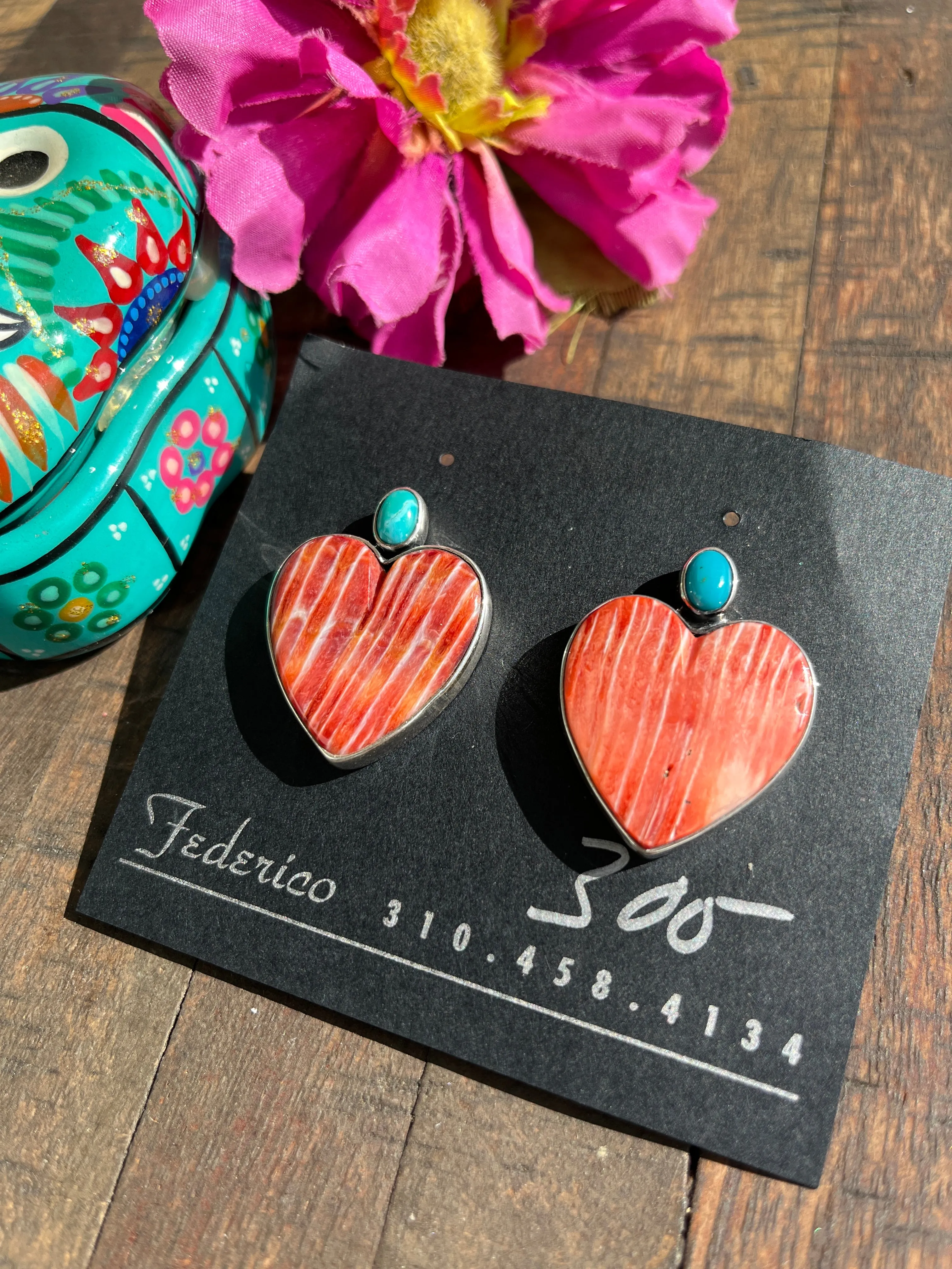 Red Spiny and Turquoise Heart Earrings