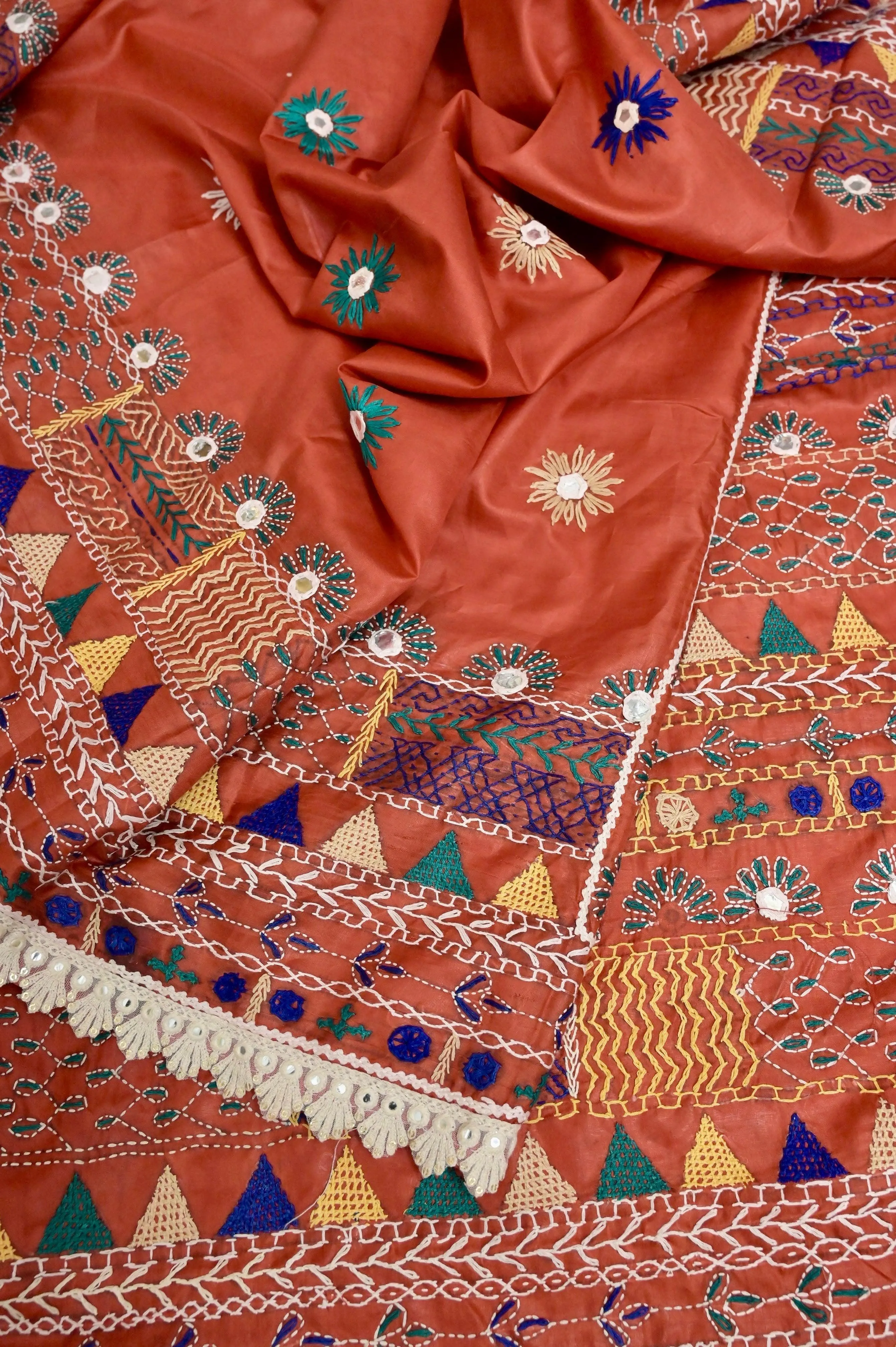 Rust Color Bangalore Silk Saree with Hand Lambani Embroidery and Lace Border