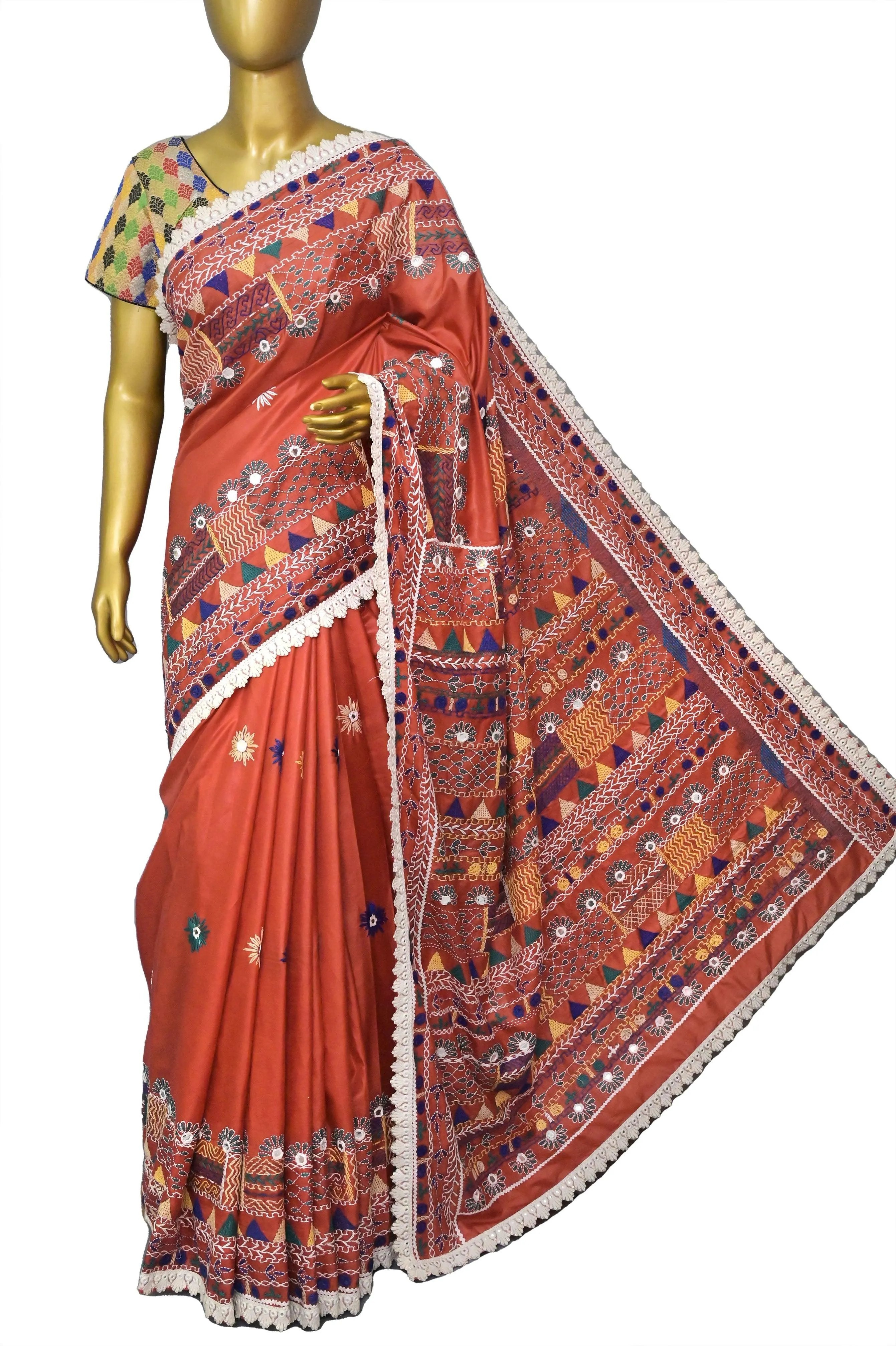 Rust Color Bangalore Silk Saree with Hand Lambani Embroidery and Lace Border