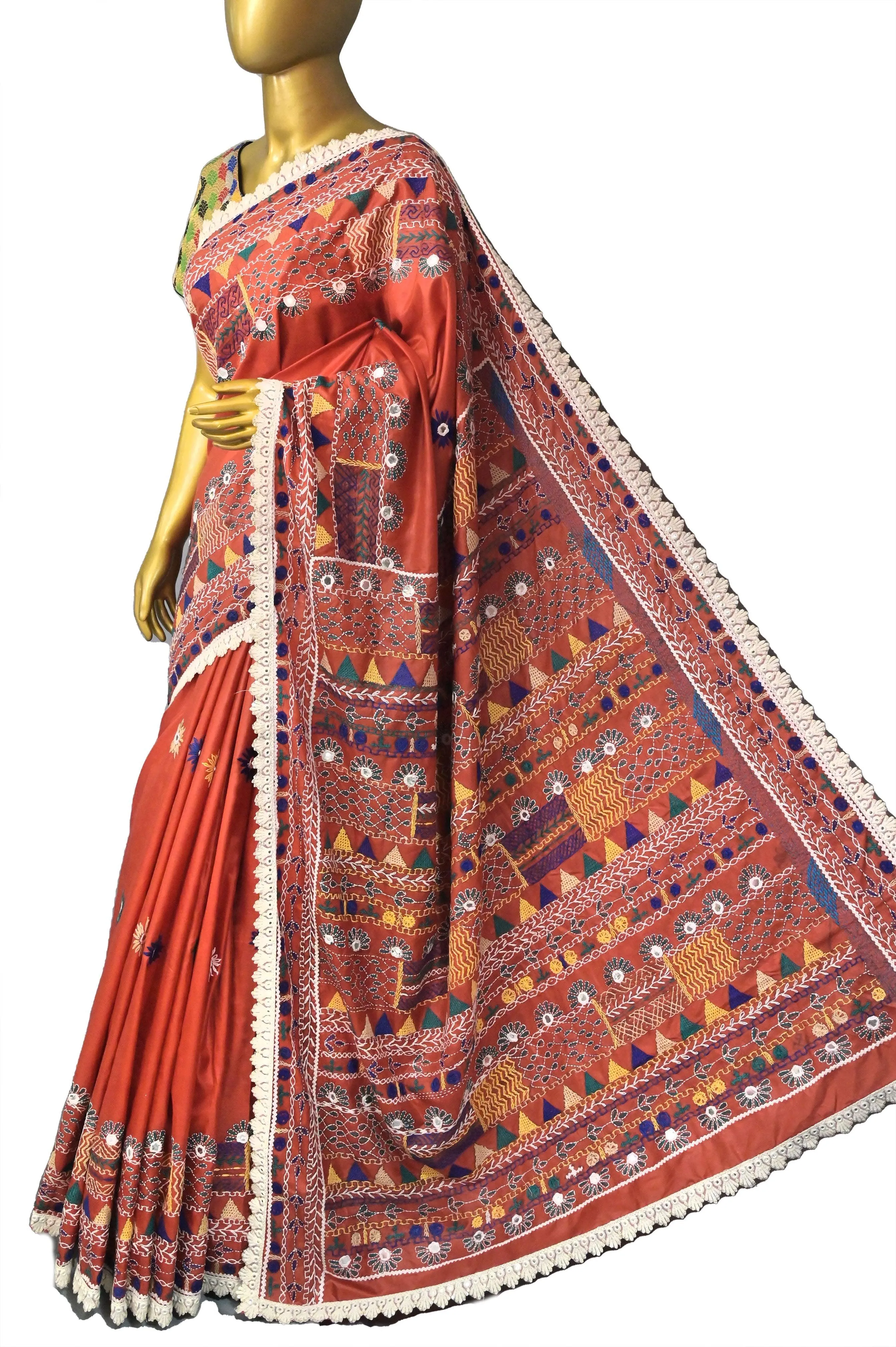 Rust Color Bangalore Silk Saree with Hand Lambani Embroidery and Lace Border