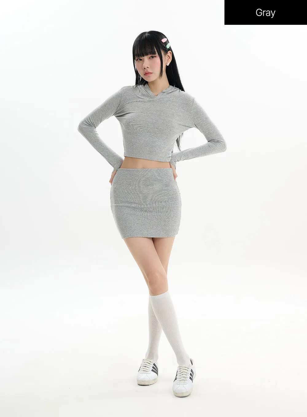 Solid Long Sleeve Hoodie & Mini Skirt Set IF413