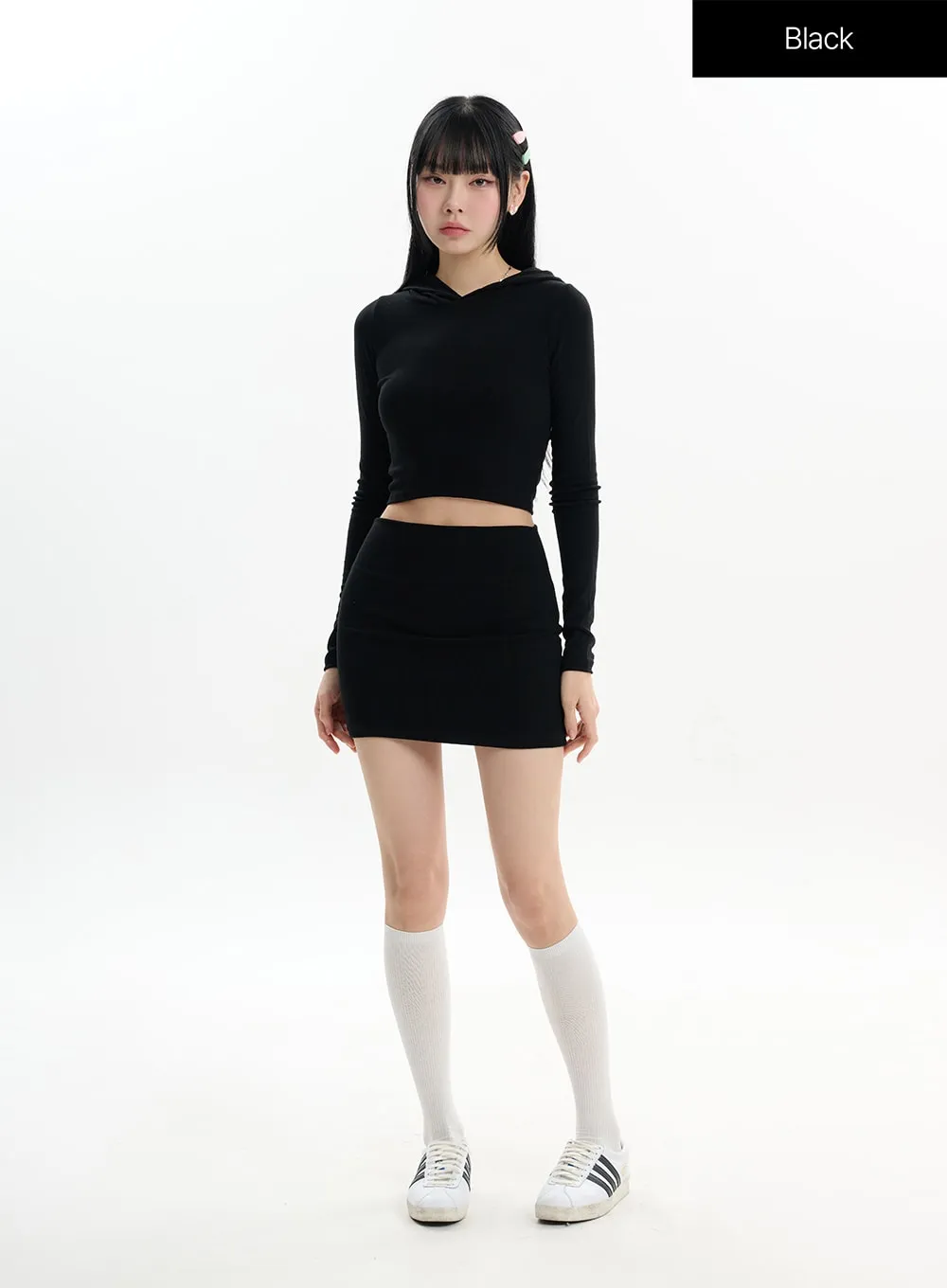 Solid Long Sleeve Hoodie & Mini Skirt Set IF413