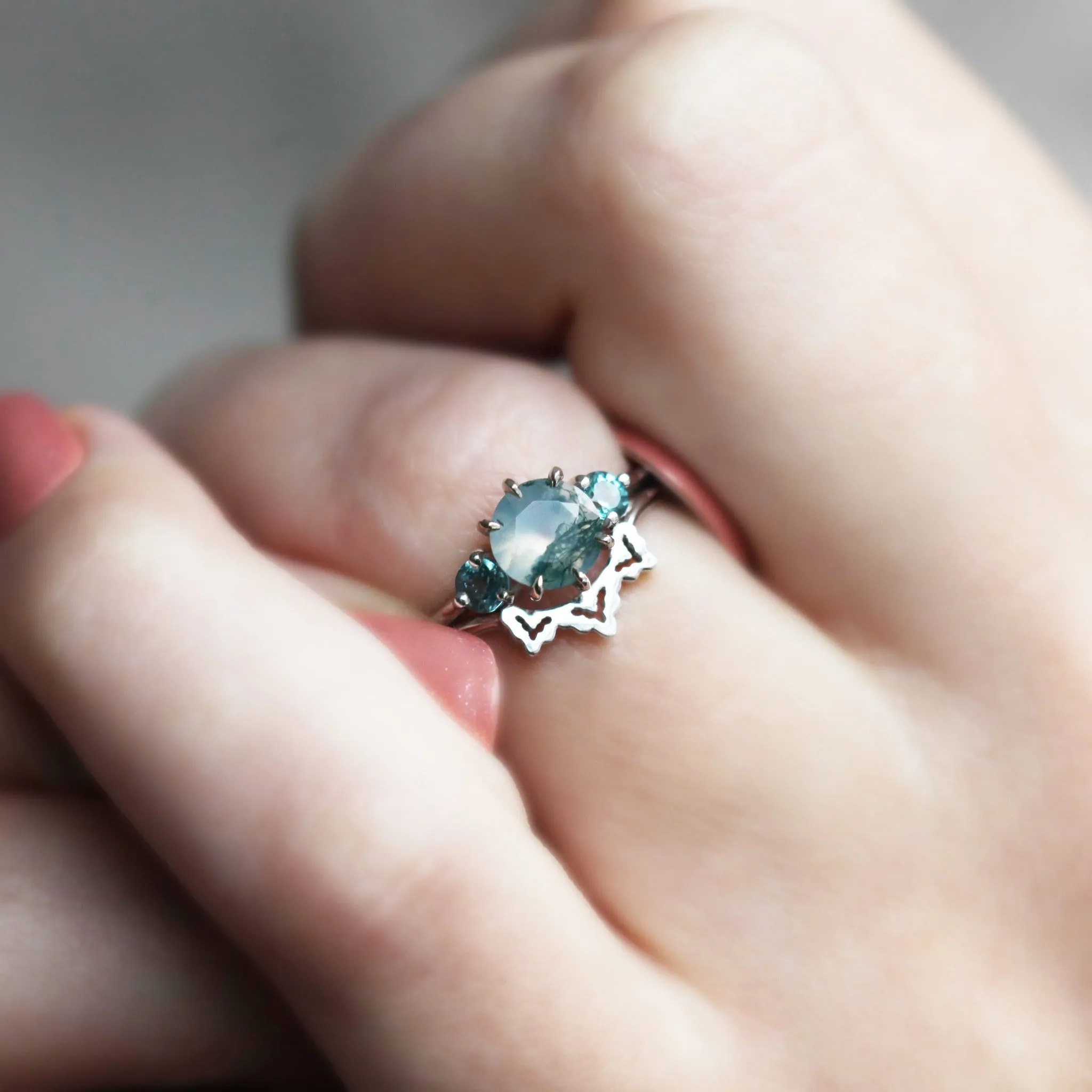 Taia Moss Agate Ring Set With Teal Tourmalines - Ready To Ship