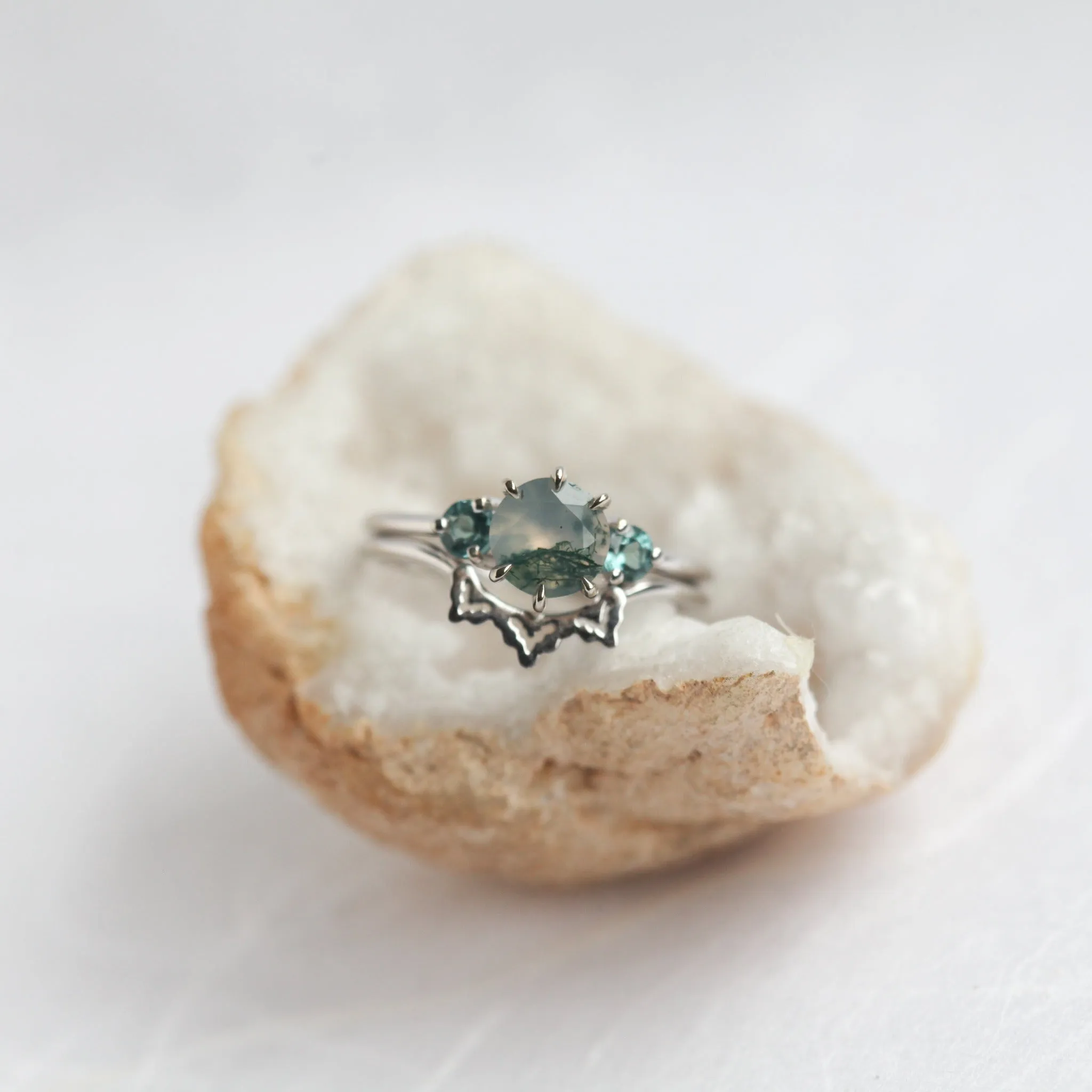 Taia Moss Agate Ring Set With Teal Tourmalines - Ready To Ship