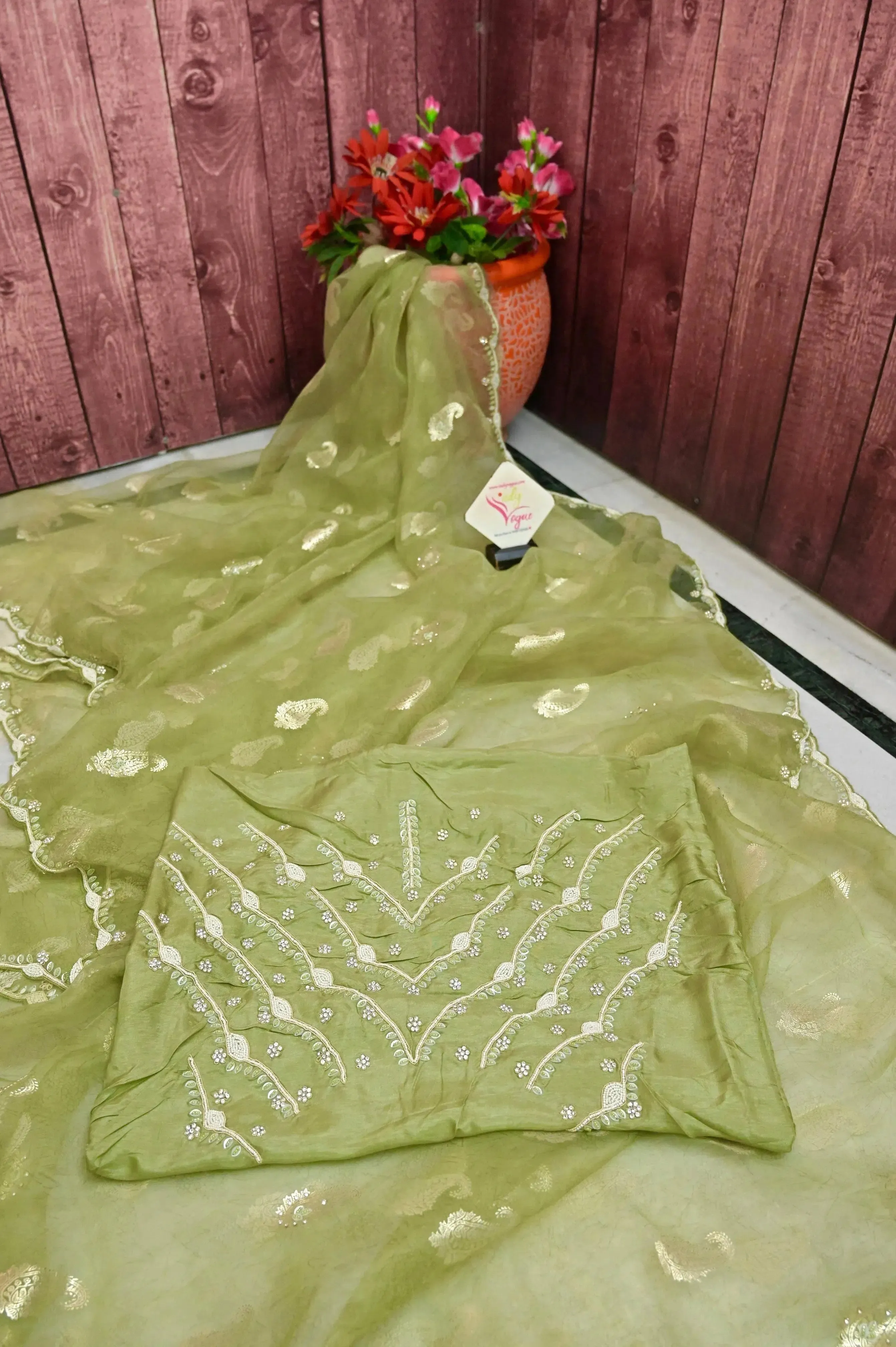 Tea Green Color Organza Saree with Foil Print Work and Pearl Embroidery with Sequin Work