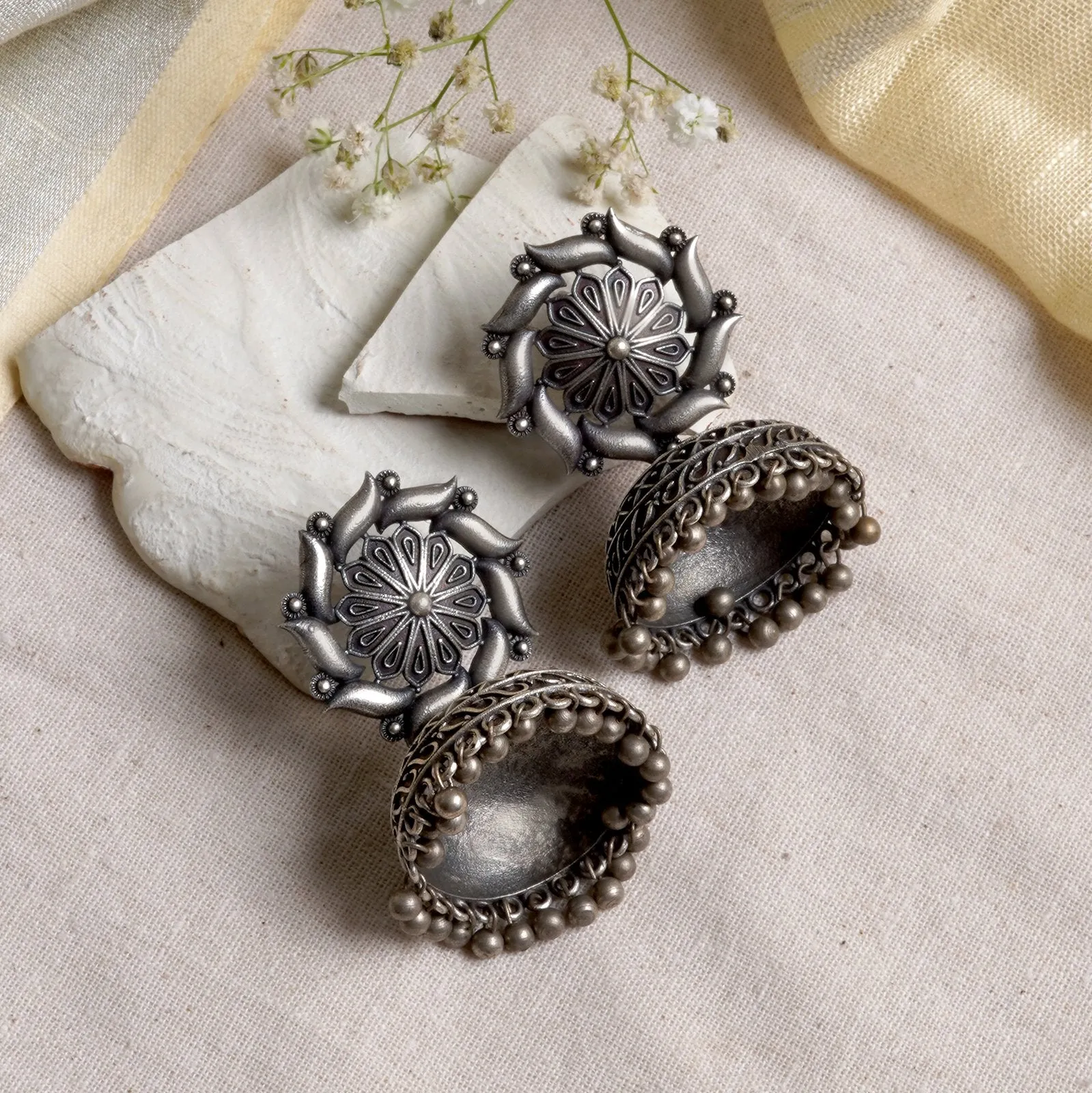 Teejh Prisha Silver Oxidised Floral Jhumki Earrings