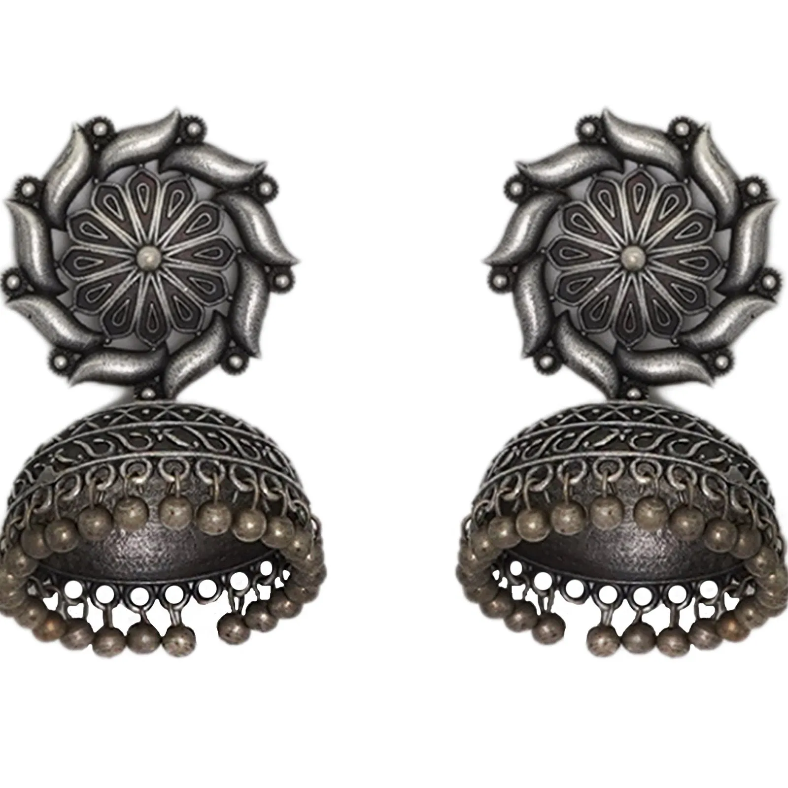 Teejh Prisha Silver Oxidised Floral Jhumki Earrings